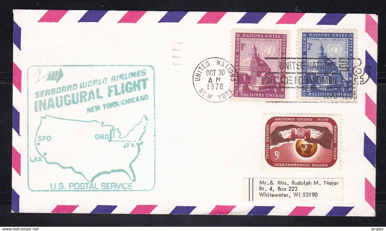 United Nations New York Office - 1978 Seaboard Airlines Inaugural Flight Cover To Chicago - Lettres & Documents