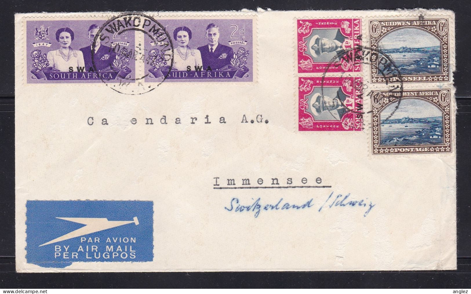 South West Africa - 1947 Airmail Cover Swakopmund To Switzerland - Franked Bilingual Pairs - South West Africa (1923-1990)