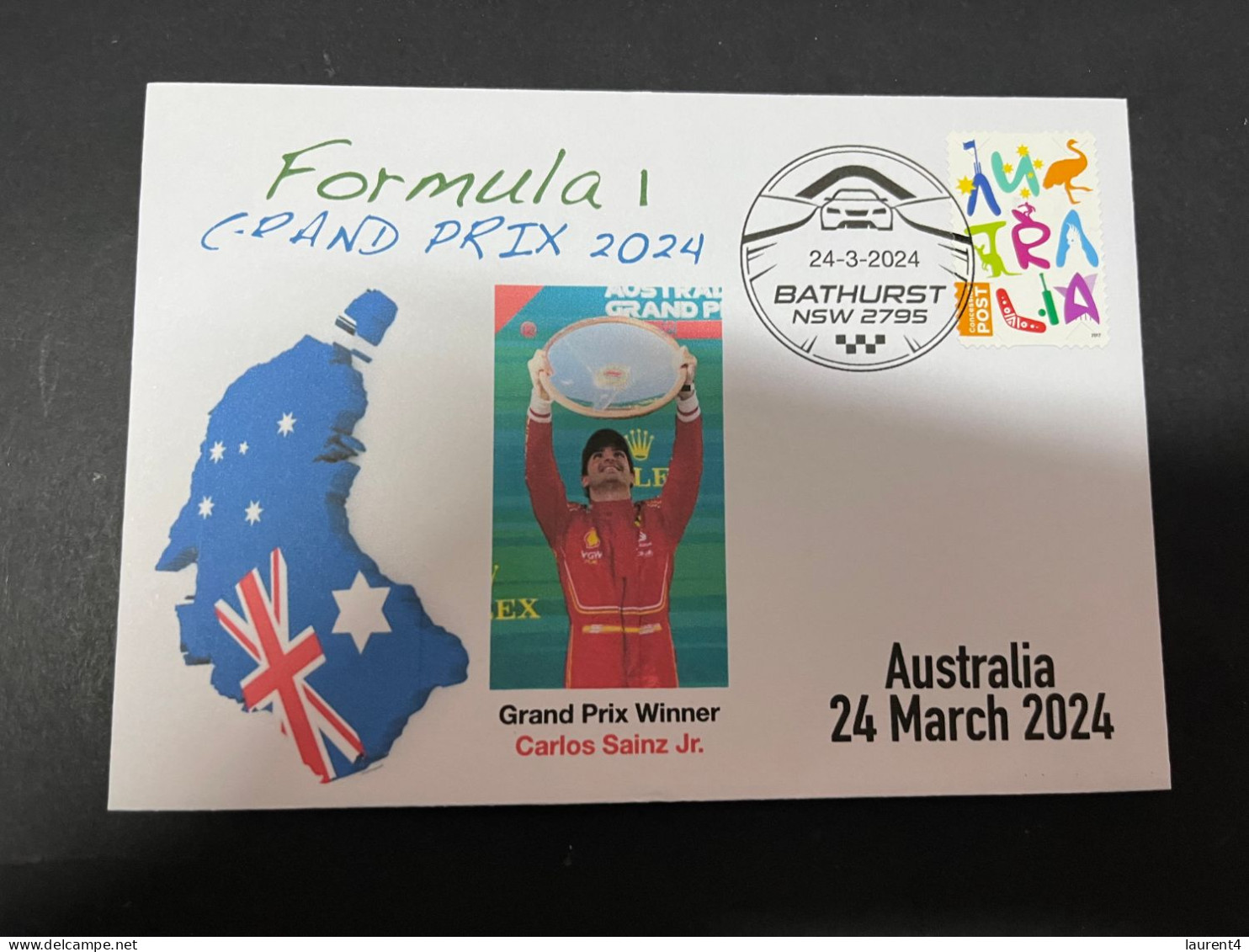 10-4-2024 (1 Z 32) Formula One - 2024 Australia Grand Prix - Winner Carlos Sainz Jr (25 March 2024) OZ Stamp - Automovilismo