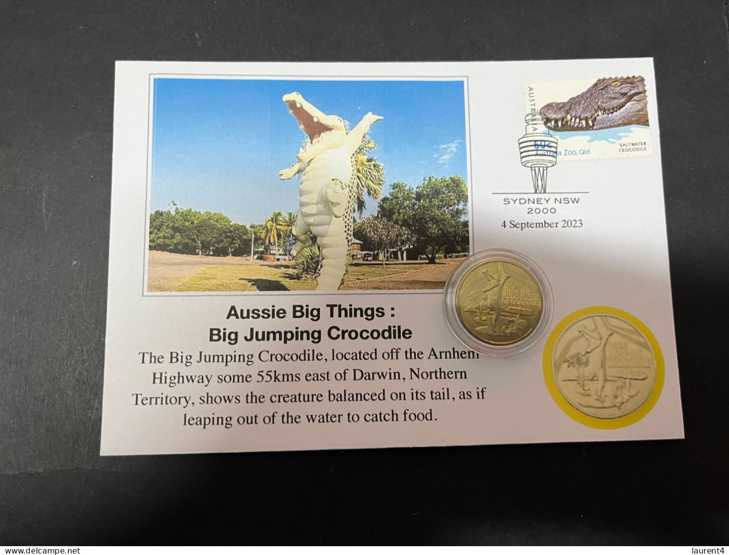 10-4-2024 (1 Z 32) Cover With Crocodile Stamp + $ 1.00 Aussie Big Things Coin - Dollar