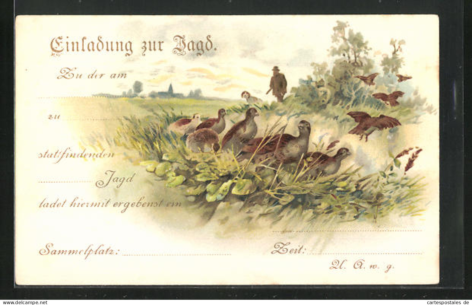 Lithographie Jagdeinladung Mit Rebhühnern  - Jagd