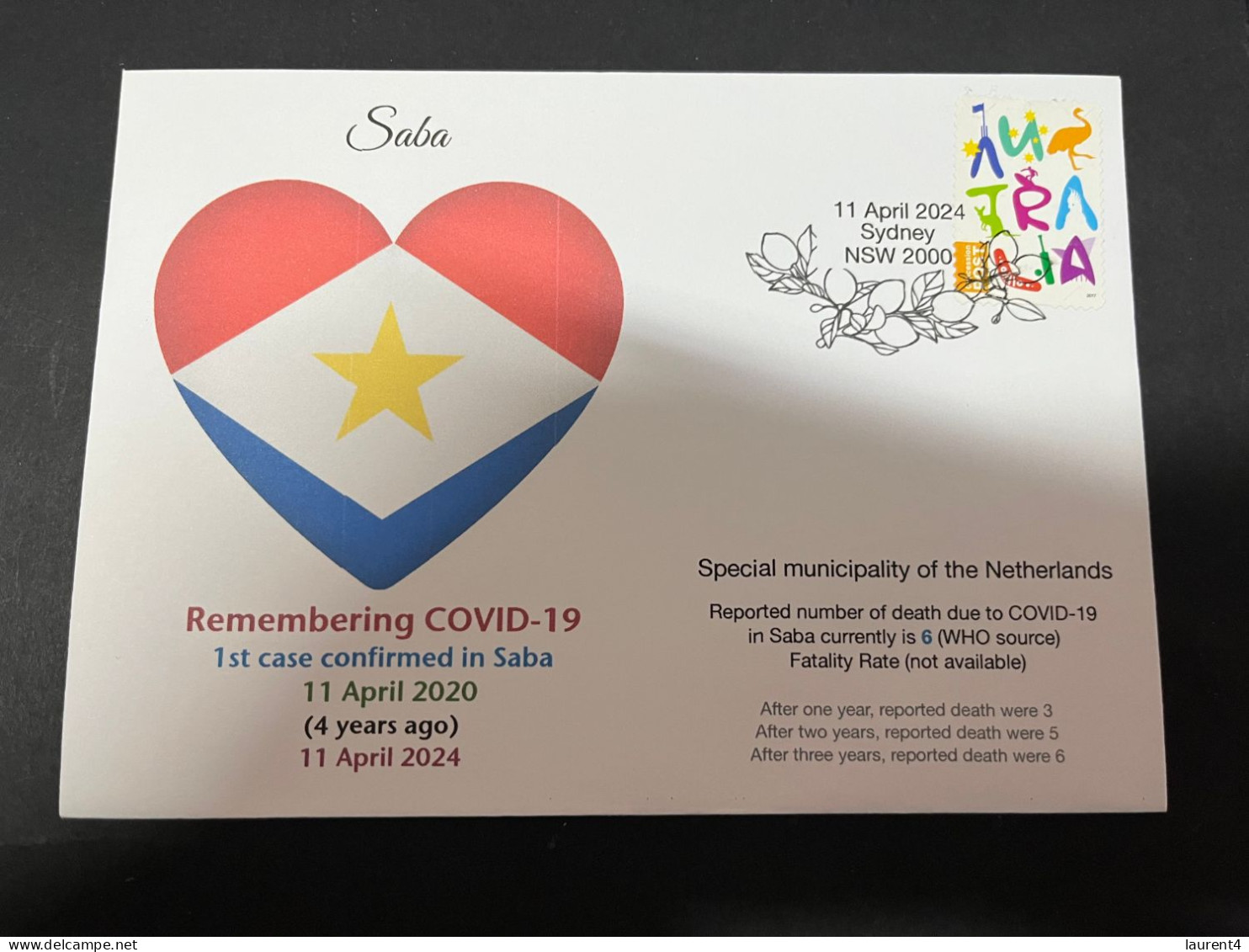 10-4-2024 (1 Z 32) COVID-19 4th Anniversary - Saba (Netherlands) - 6 April 2024 (with OZ Stamp) - Disease