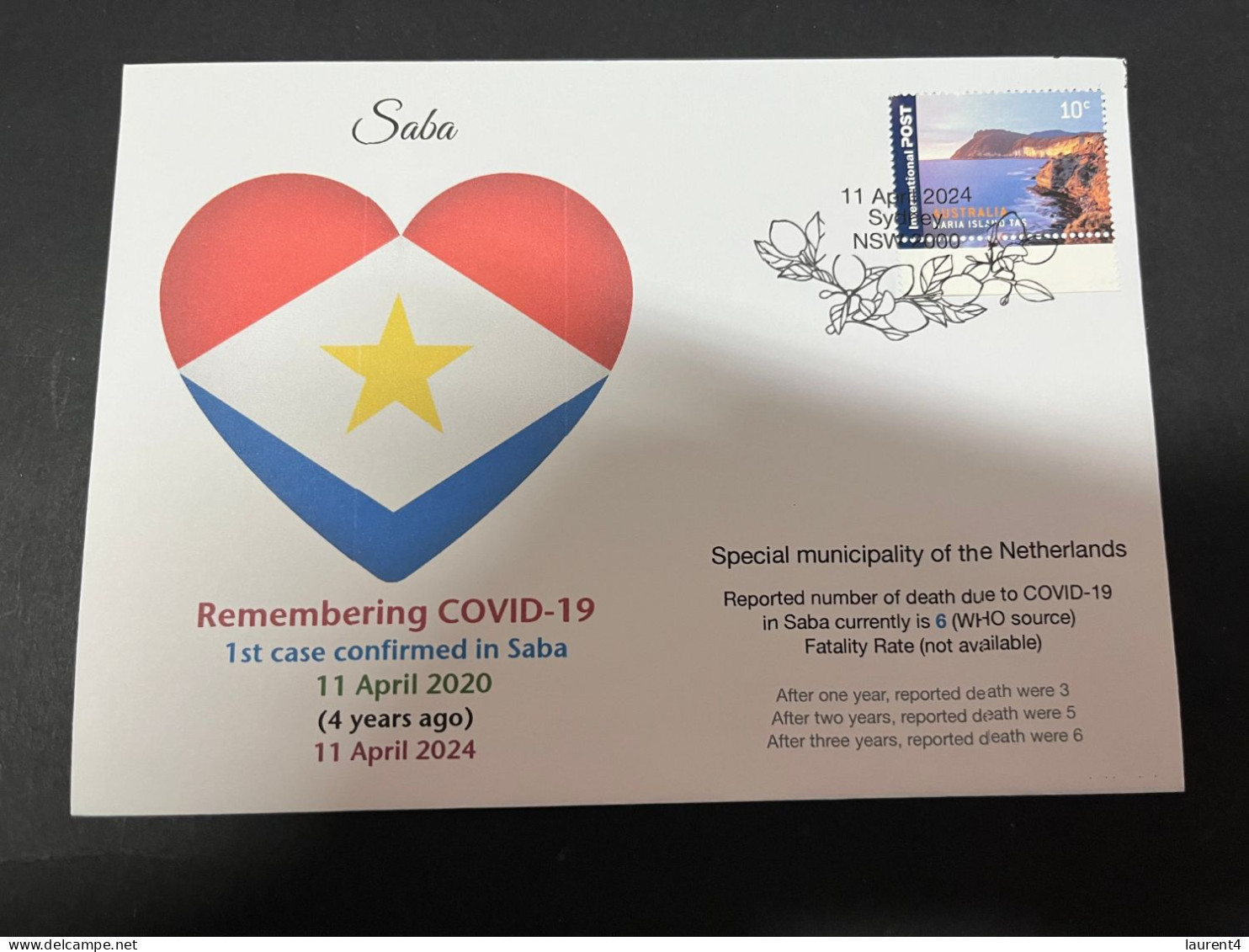 10-4-2024 (1 Z 32) COVID-19 4th Anniversary - Saba (Netherlands) - 6 April 2024 (with OZ Stamp) - Maladies