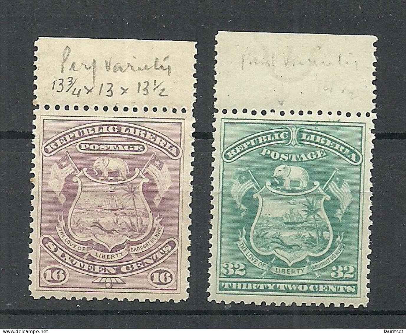 LIBERIA 1892 Michel 32 & 34 MNH Coat Of Arms Elephant Perforation Varieties - Liberia