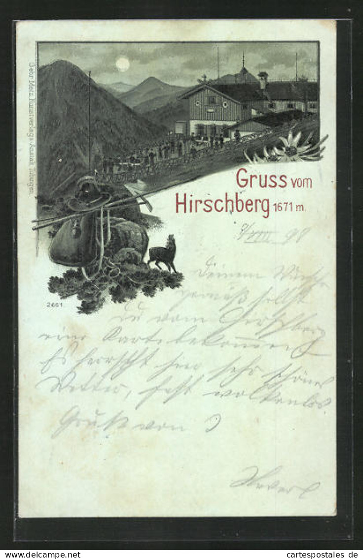 Mondschein-Lithographie Hirschberg, Gäste Und Besucher Vor Der Berghütte Im Gebirge, Jägerutensilien  - Zu Identifizieren