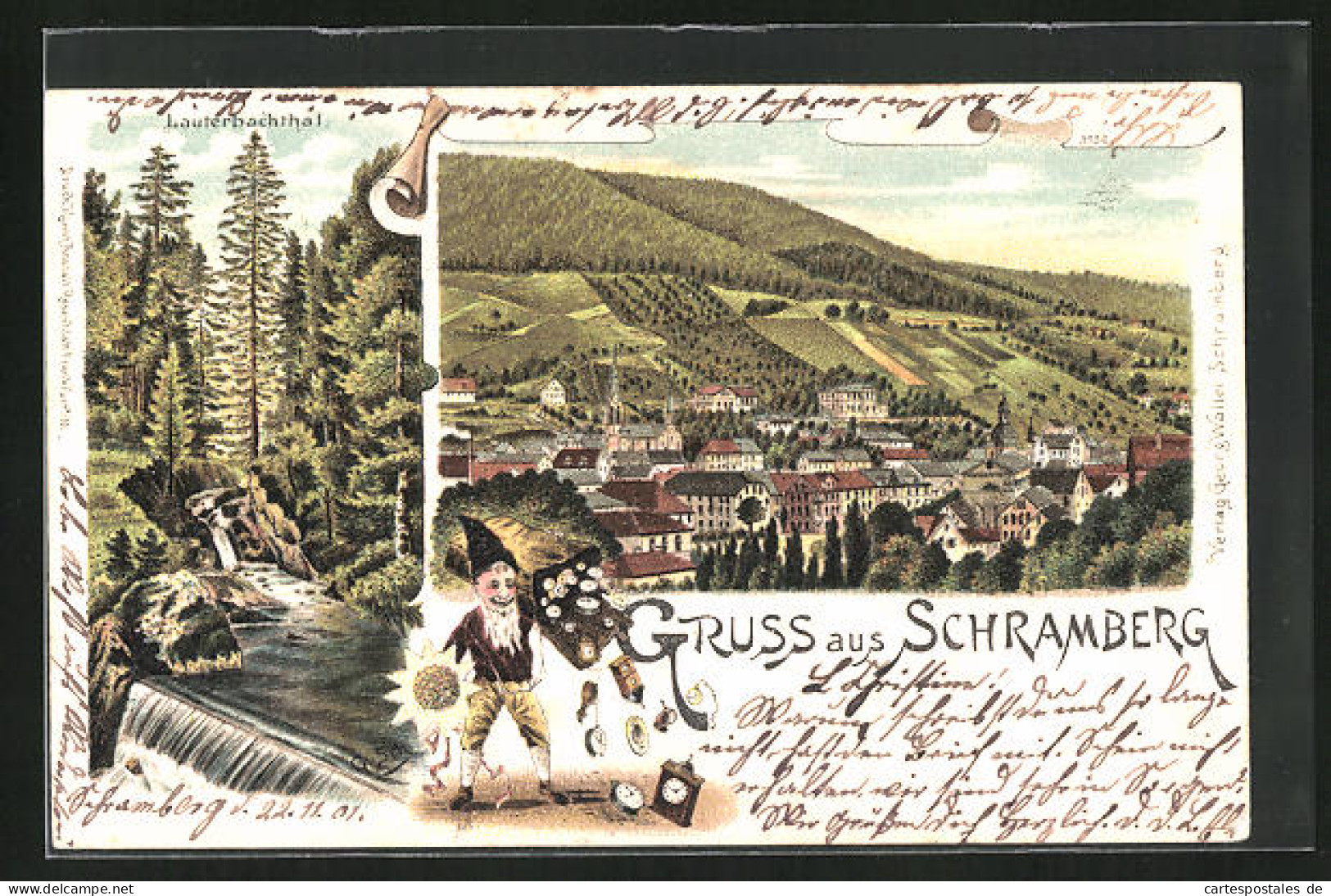 Lithographie Schramberg, Lauterbachtal, Totalansicht, Zwerg Mit Uhren  - Schramberg