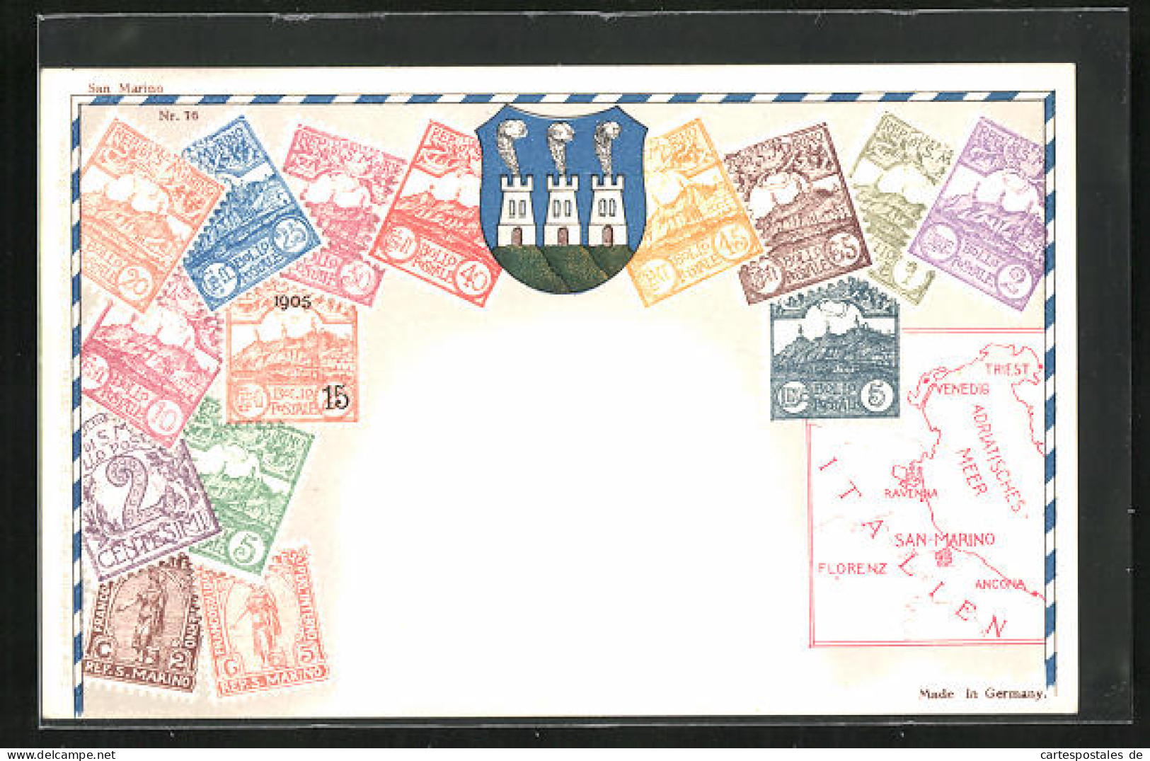 AK San Marino, Briefmarken, Wappen Und Landkarte  - Saint-Marin