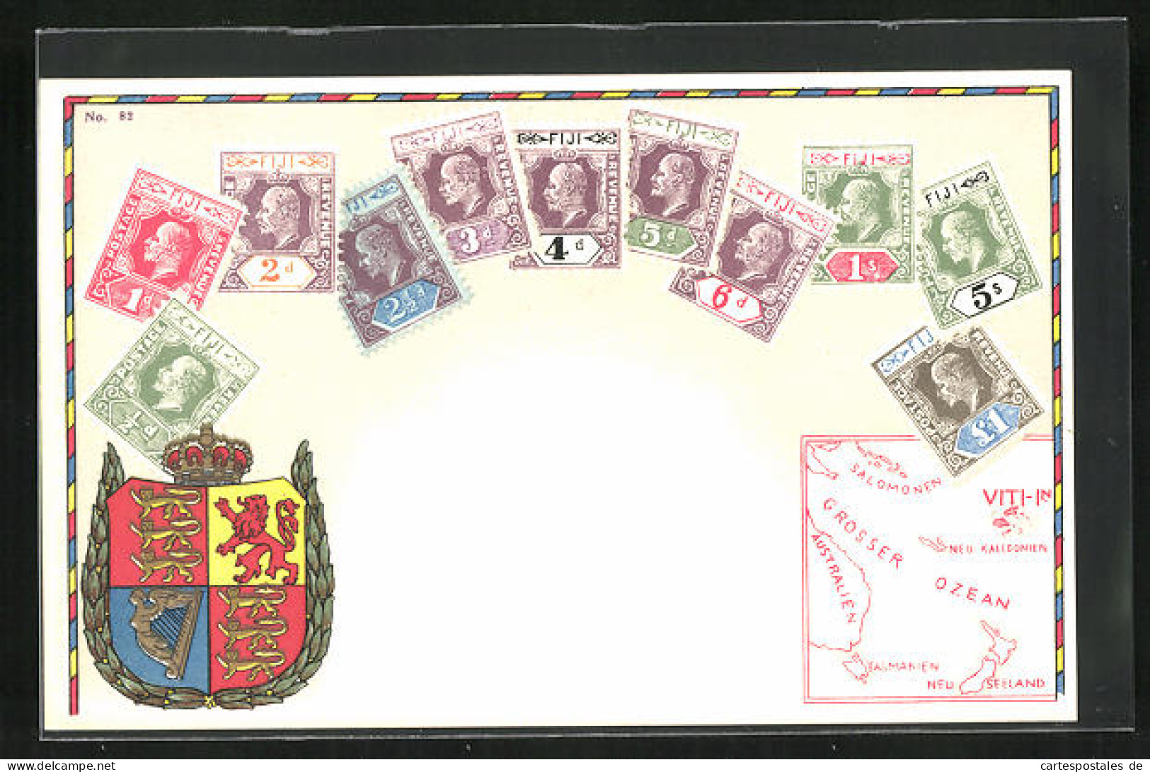 AK Fiji, Briefmarken, Wappen Und Landkarte  - Other & Unclassified