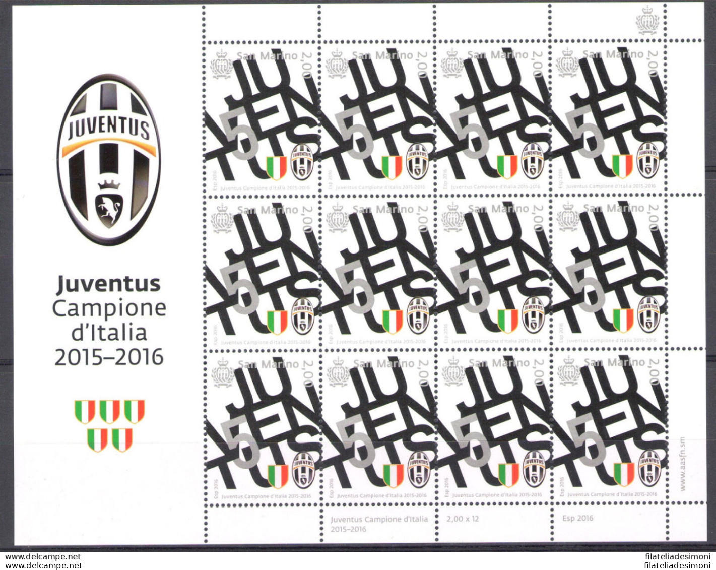 2016 San Marino, Juventus Campione D'Italia 2015-2016 Minifoglio 12 V MNH** - Blocchi & Foglietti