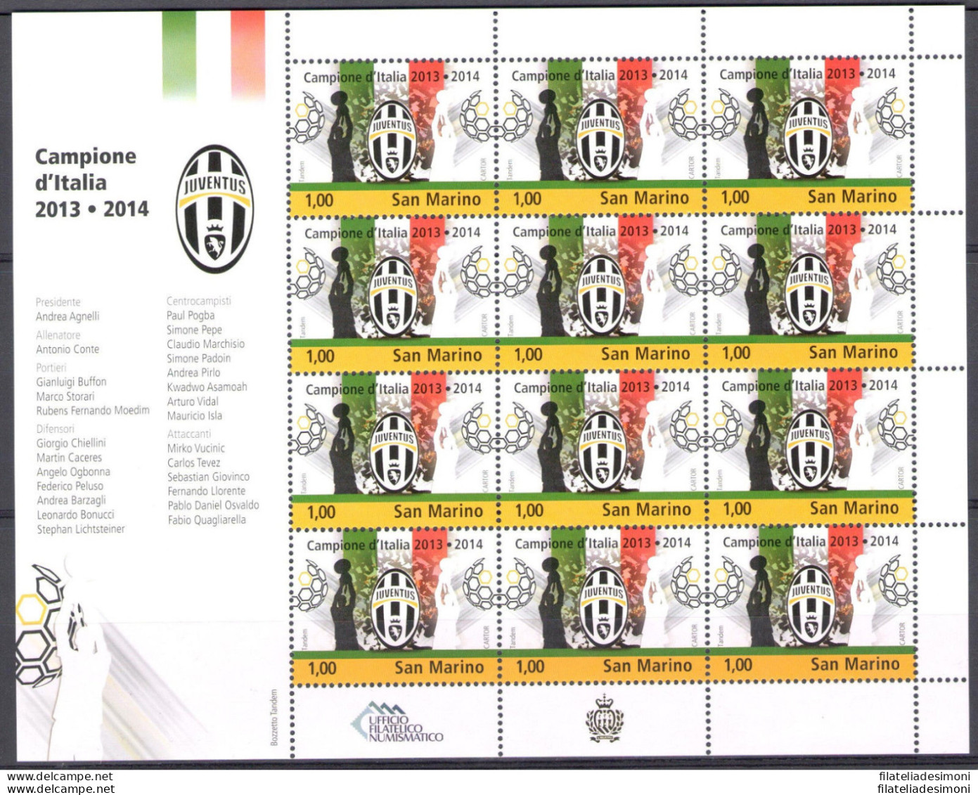 2014 San Marino, Juventus Campione D'Italia 2013-2014 Minifoglio 12 V MNH** - Hojas Bloque