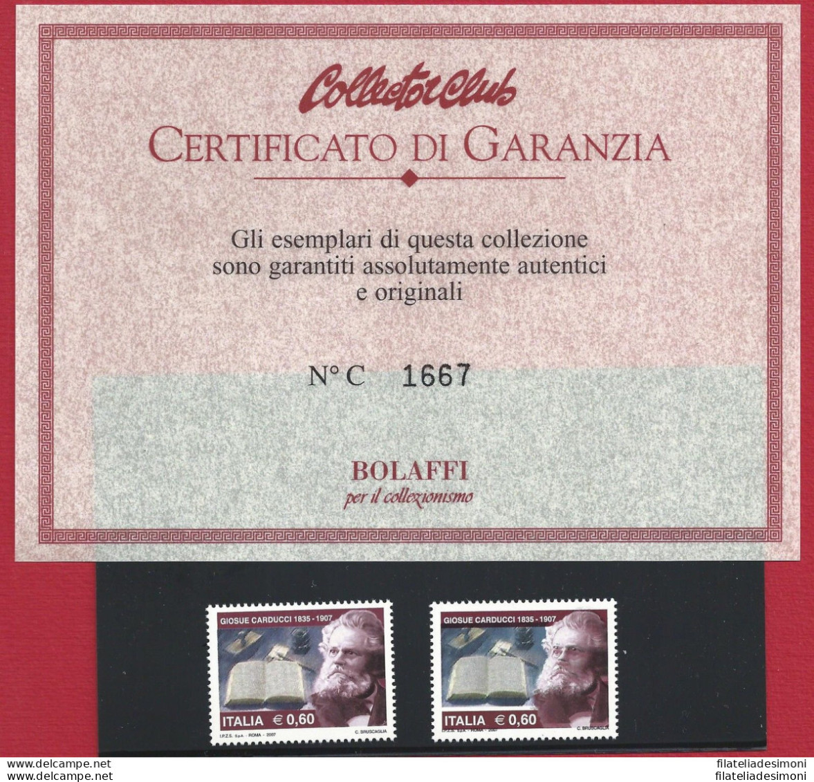 2007 ITALIA  N.  2995Da Carducci, Stampa Spostata, MNH** VARIETA' Certificato  G - Varietà E Curiosità