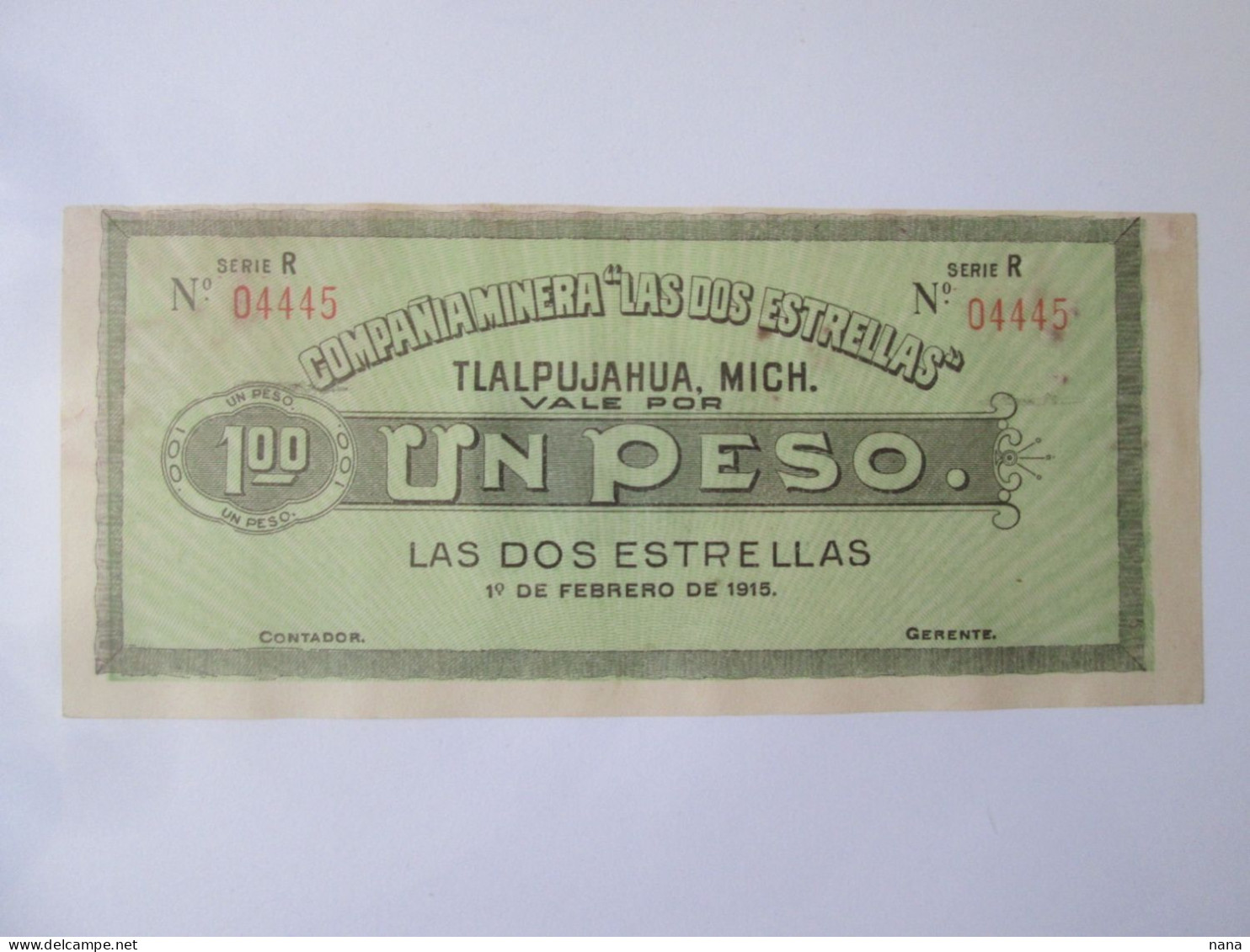 Mexico 1 Peso 1915 Mining Company,,The Two Stars,,Tlalpujahua Banknote,see Pictures - Mexico