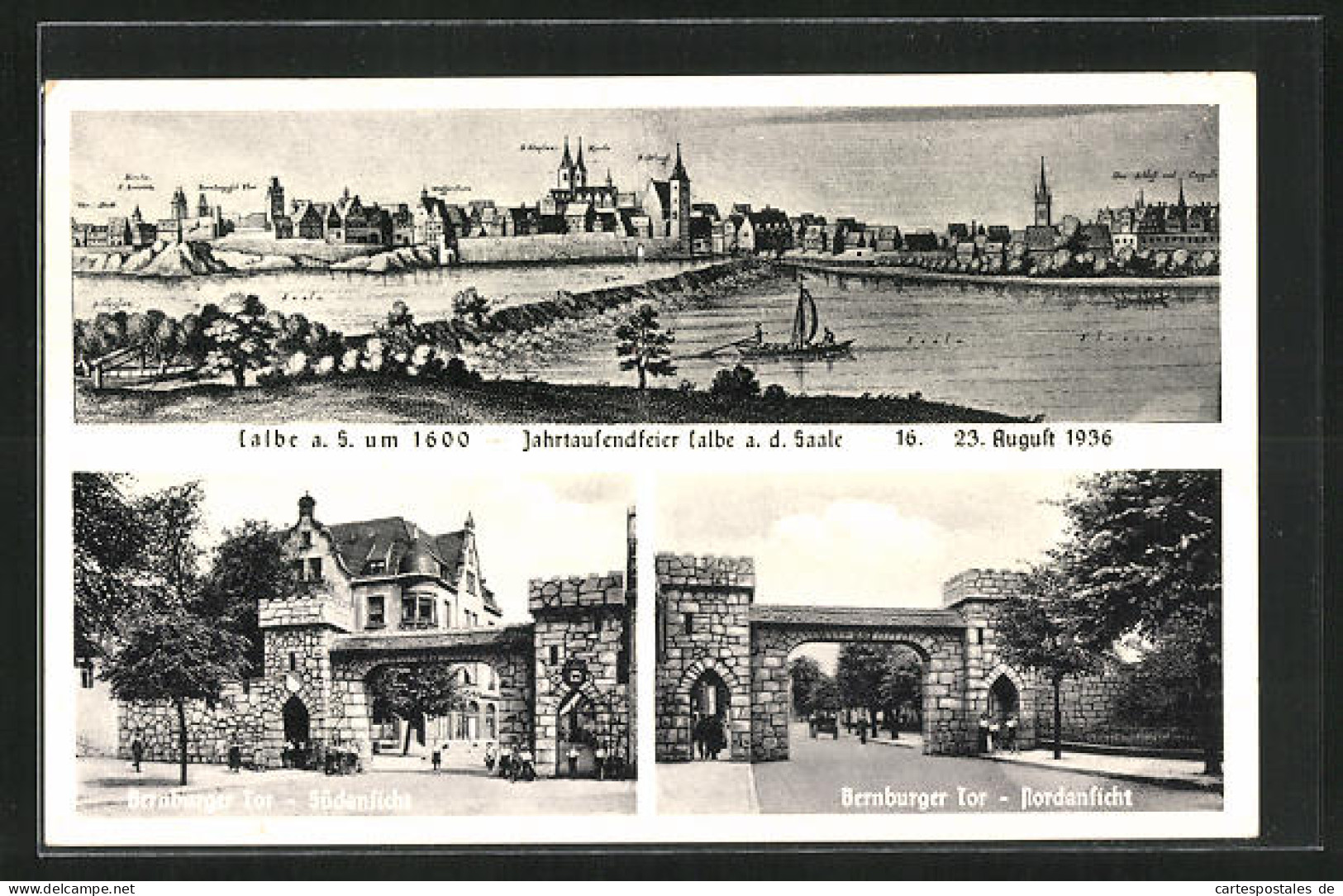 AK Calbe A. S., Jahrtausendfeier 1936, Bernburger Tor, Panorama  - Bernburg (Saale)