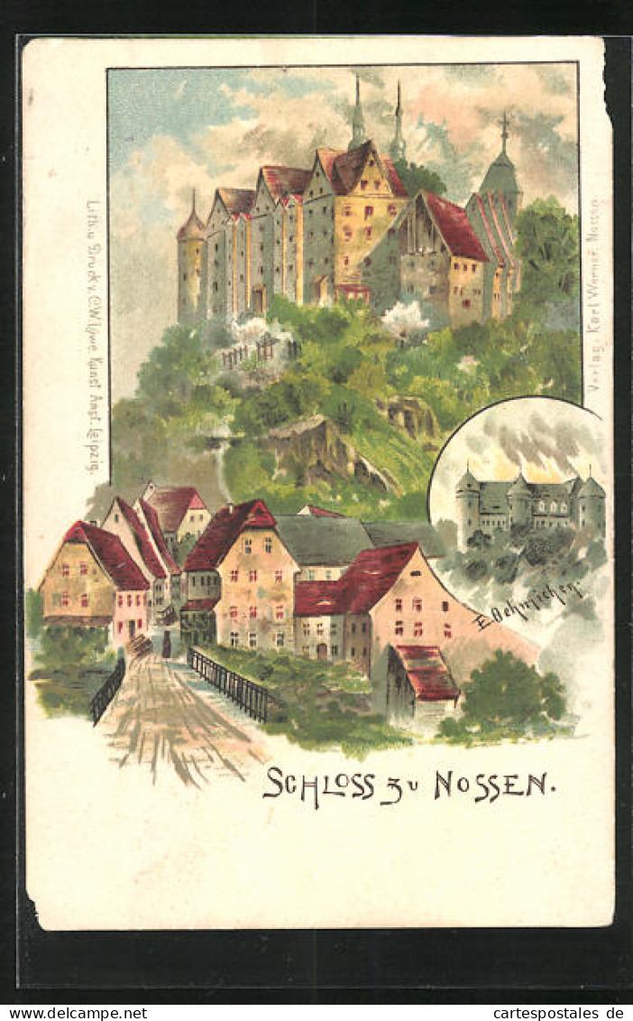 Lithographie Nossen, Strassenpartie Mit Schloss  - Nossen