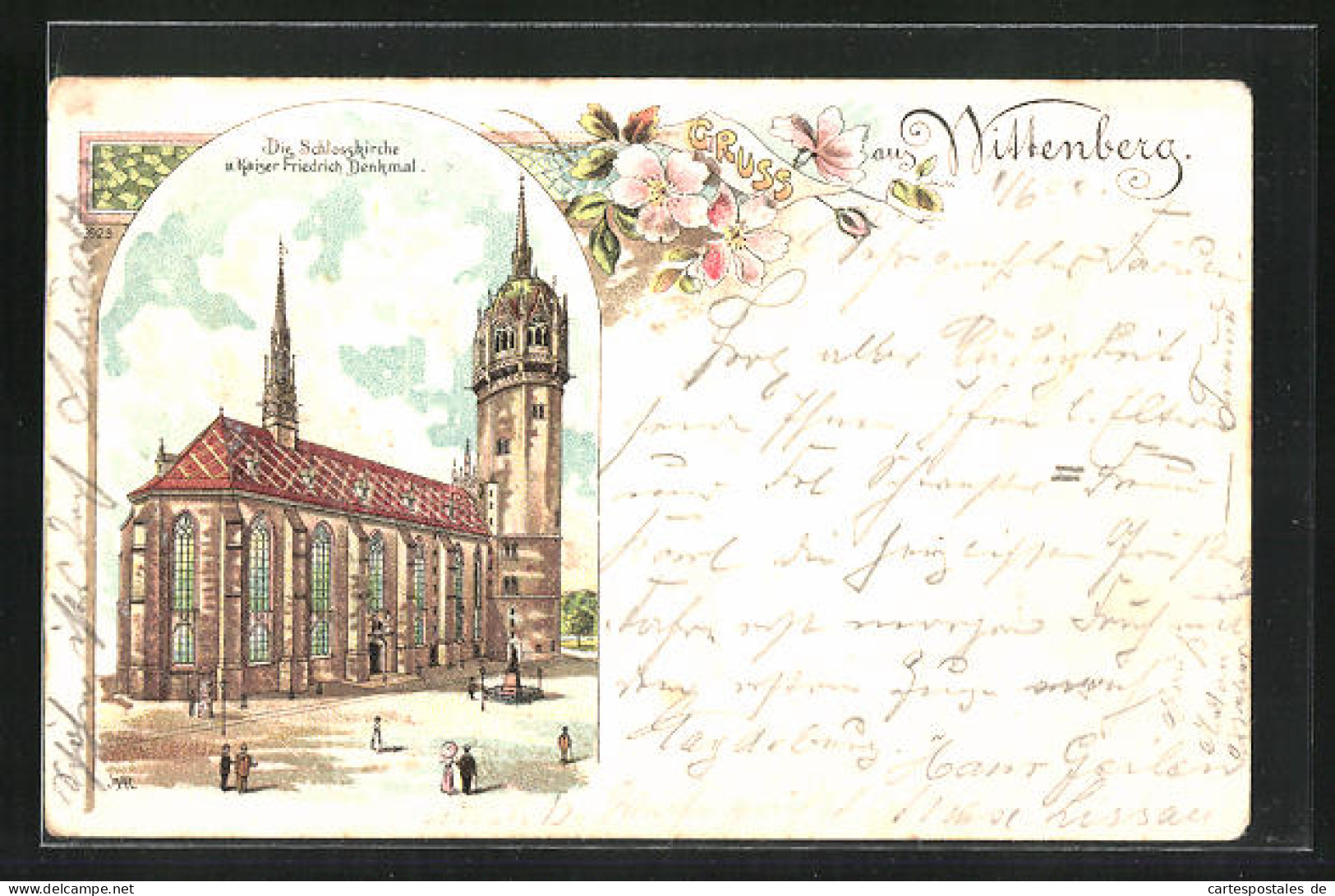 Lithographie Wittenberg, Die Schlosskirche U. Kaiser Friedrich Denkmal  - Wittenberg