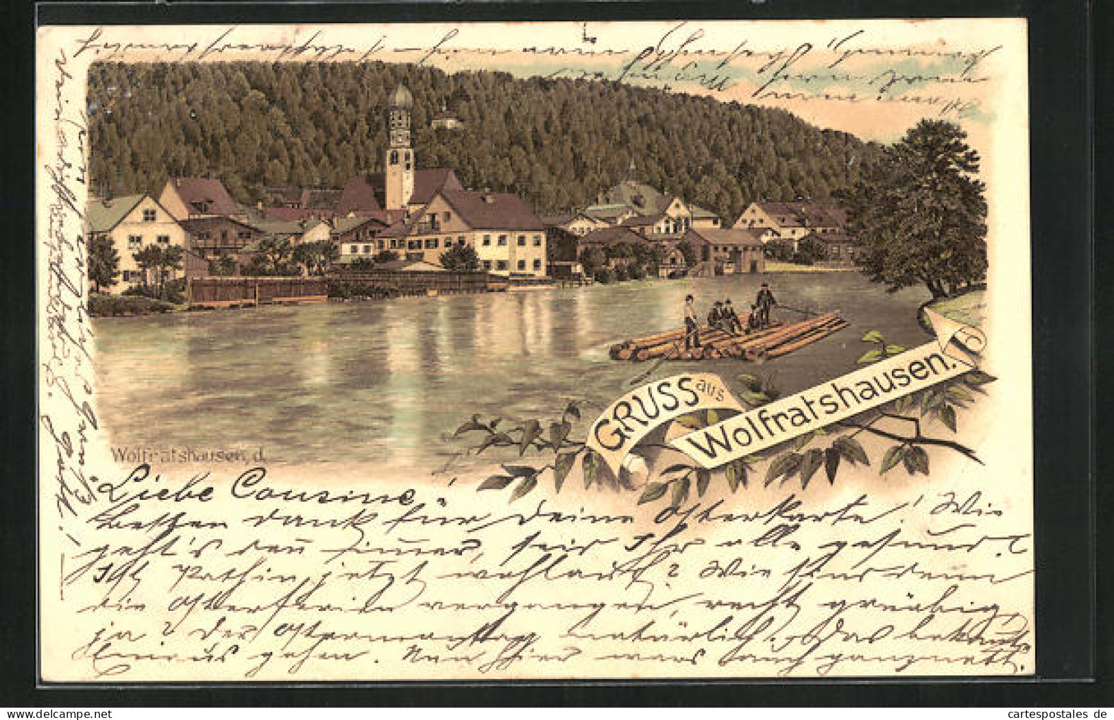 Lithographie Wolfratshausen, Uferpartie Mit Floss  - Wolfratshausen