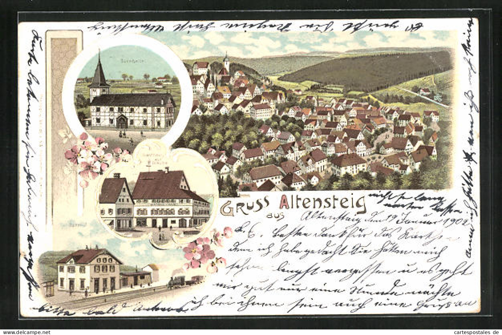 Lithographie Altensteig, Gasthaus Zur Traube, Bahnhof, Turnhalle  - Altensteig