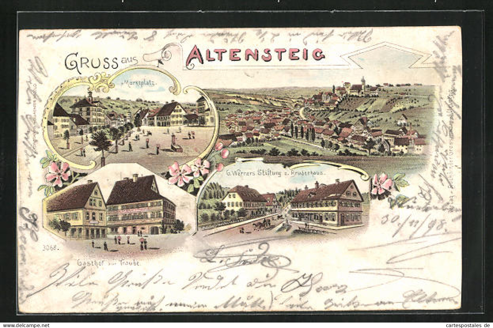 Lithographie Altensteig, Gasthof Zur Traube, G. Werners Stiftung Zum Bruderhaus  - Altensteig