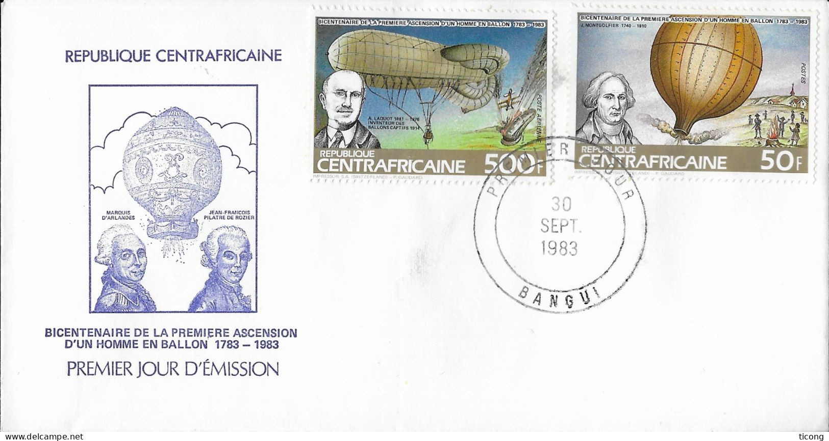 REPUBLIQUE CENTRAFRICAINE 1ER JOUR DE 1983, PREMIERE ASCENSION D UN HOMME EN BALLON, MONGOLFIERE ET BALLONS CAPTIFS - Fesselballons