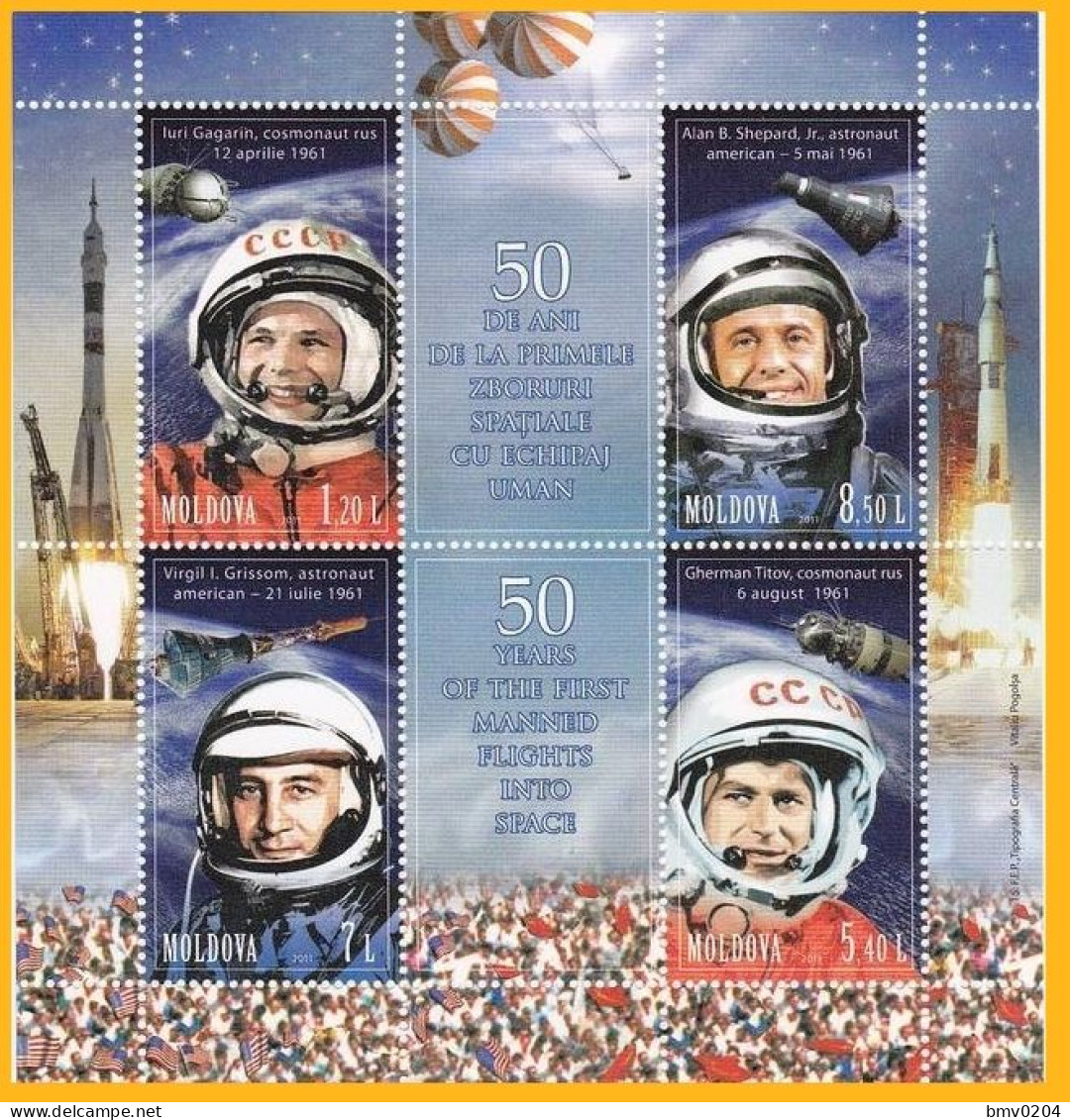 2011 Moldova Moldavie 50 Years Of Flight Yuri Gagarin, Virgil Grisson, Alan Shepard, Herman Titov Space Block Mint - Moldavie