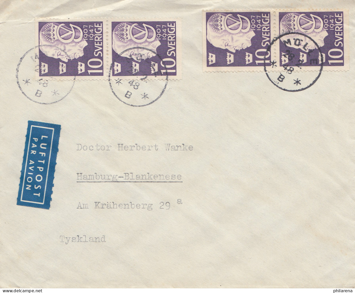 Schweden: 1948: Luftpostbrief Mölle Nach Hamburg - Other & Unclassified