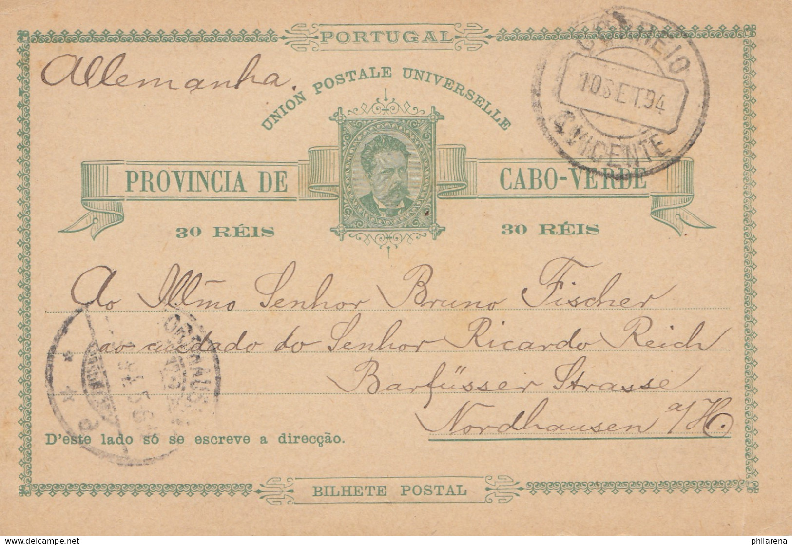 Cabo Verde: 1894: Post Card St. Vicente To Nordhausen - Kaapverdische Eilanden