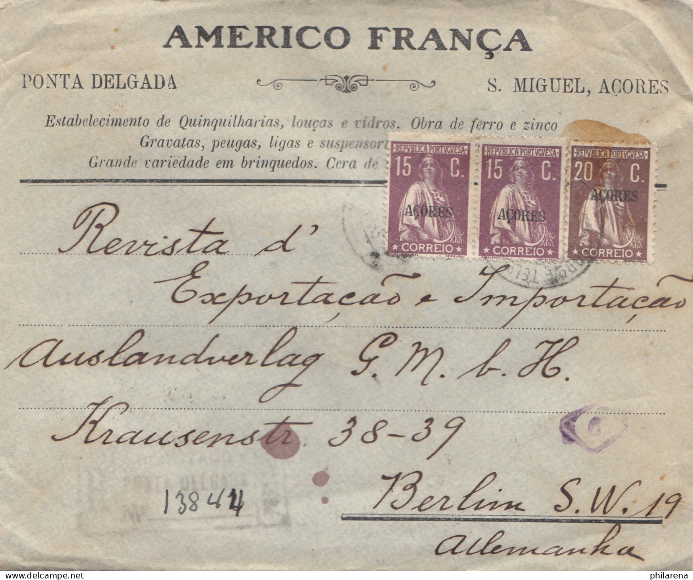 Acores 1922: Couraca Registered Letter To Berlin - Azores