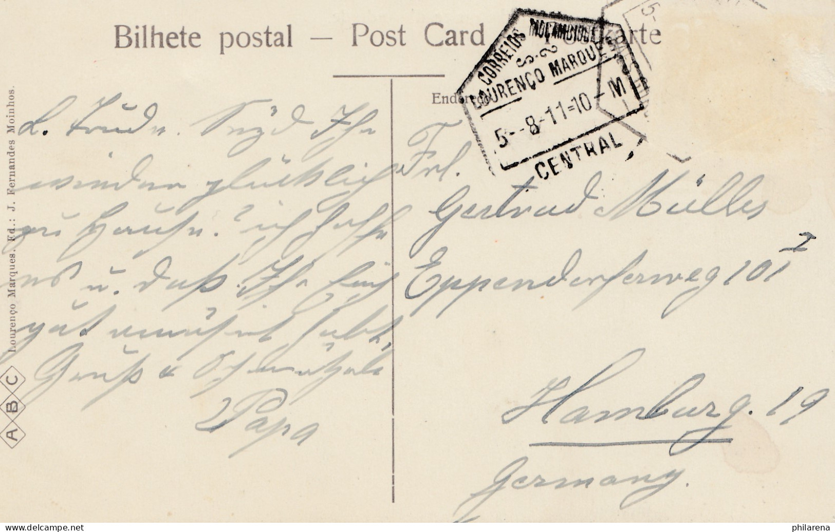 Mocambique 1911: Post Card Lourenco Marques To Hamburg - Mozambique