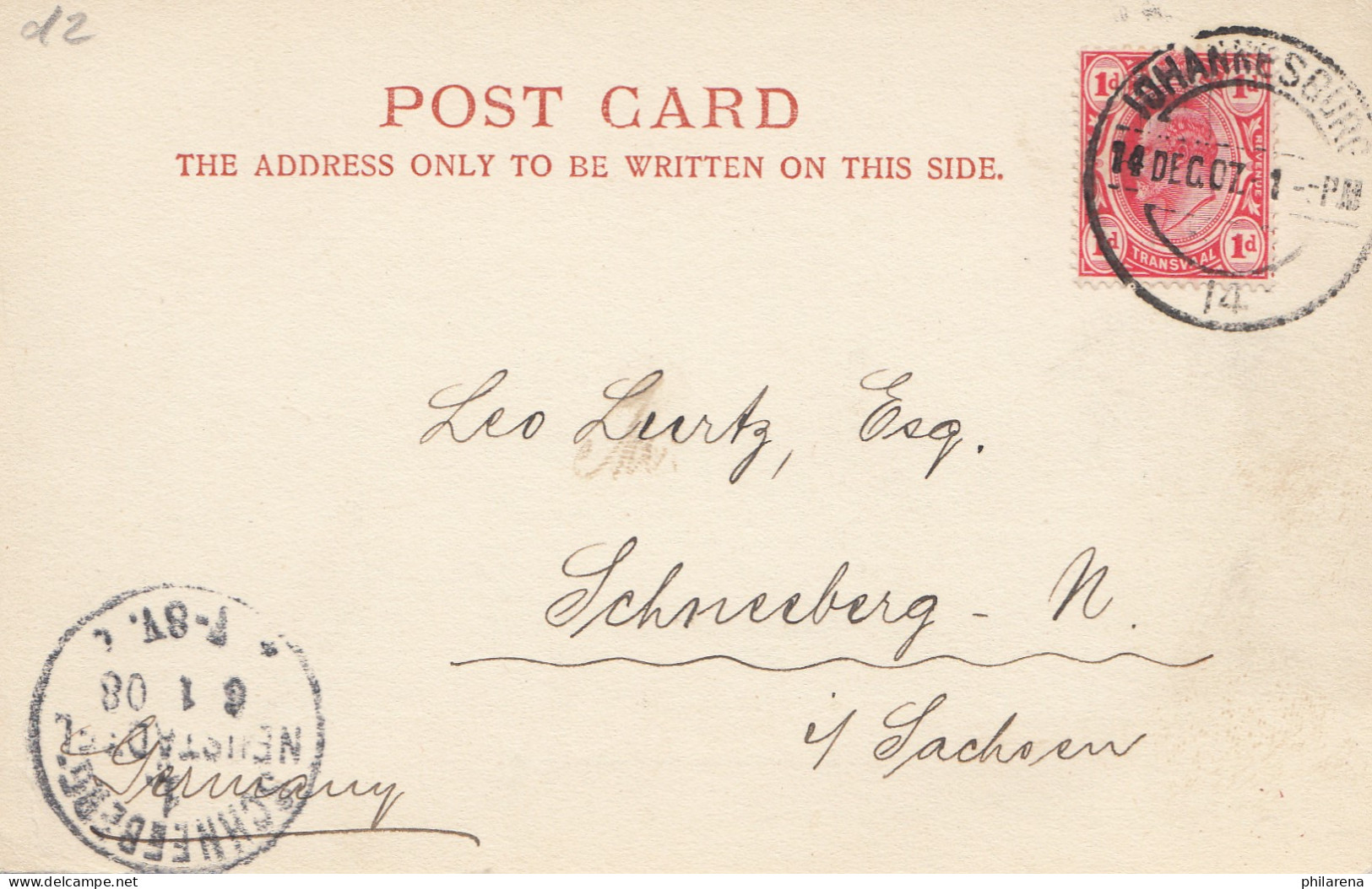 South Africa 1907: Post Card Johannesburg To Schneeberg - Sonstige & Ohne Zuordnung