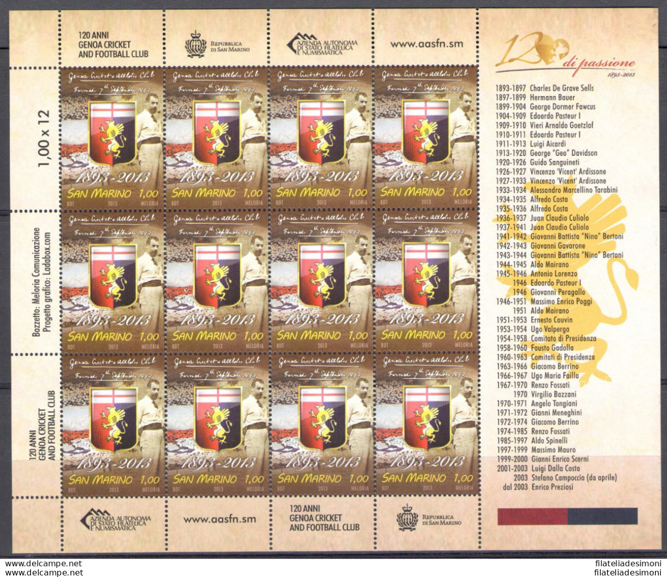 2013 San Marino 120° Anniversario Genoa Football Club Minifoglio 12 V MNH** - Blocchi & Foglietti