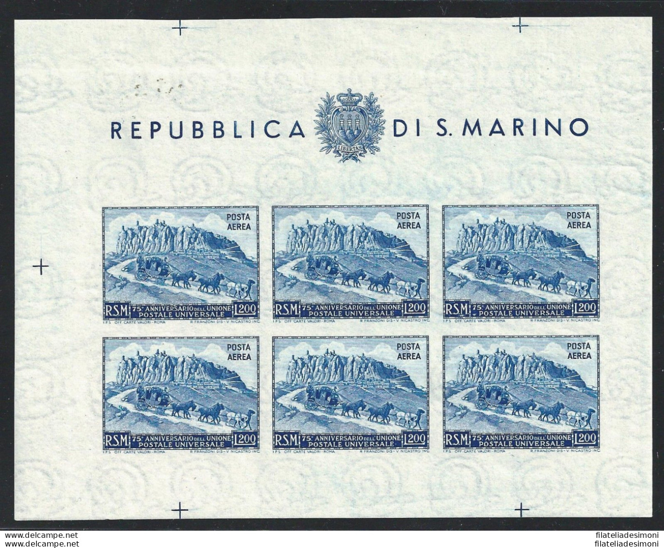 1951 SAN MARINO, BF N. 11 UPU 200 Lire MNH/** NON DENTELLATO - Blokken & Velletjes