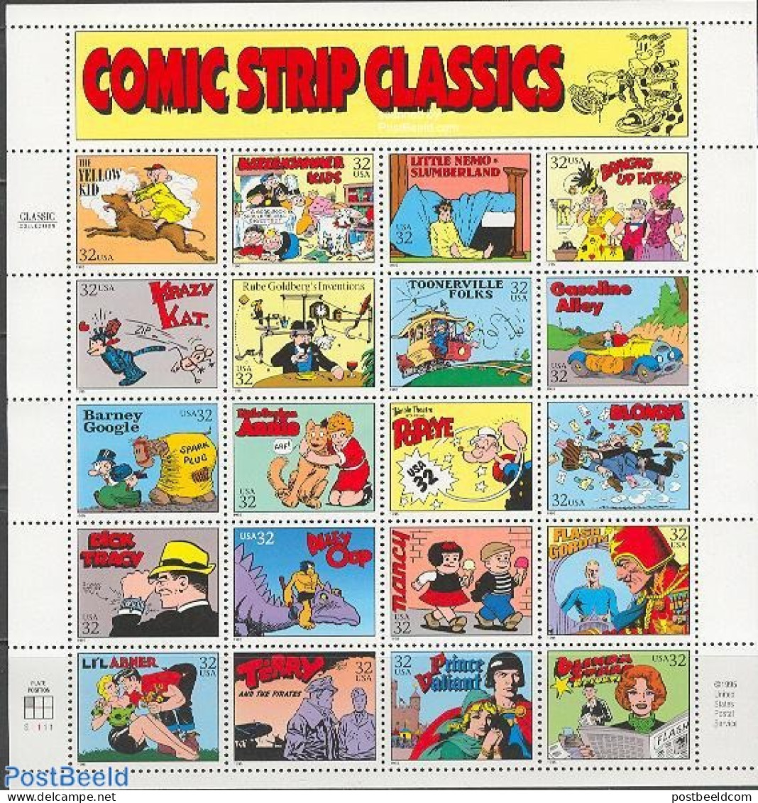 United States Of America 1995 Comic Strip Classics 20v M/s, Mint NH, Nature - Transport - Cats - Dogs - Automobiles - .. - Ungebraucht