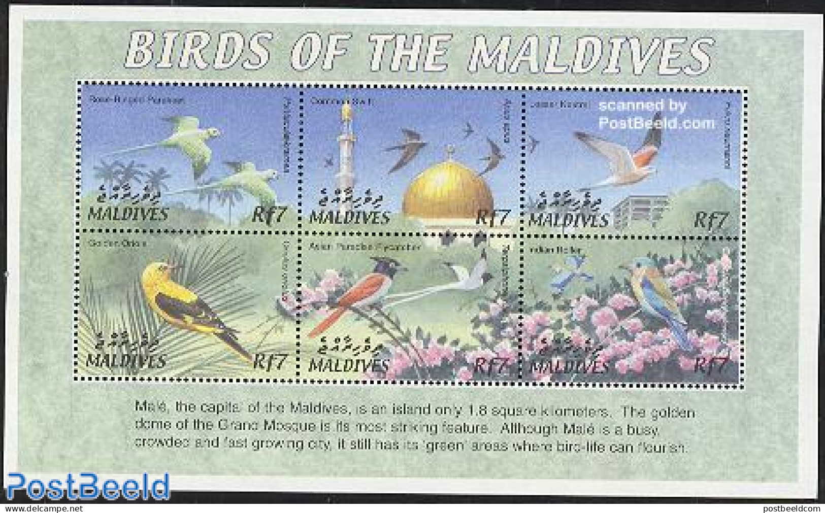 Maldives 2002 Birds 6v M/s, Rose Ringed, Mint NH, Nature - Birds - Maldive (1965-...)