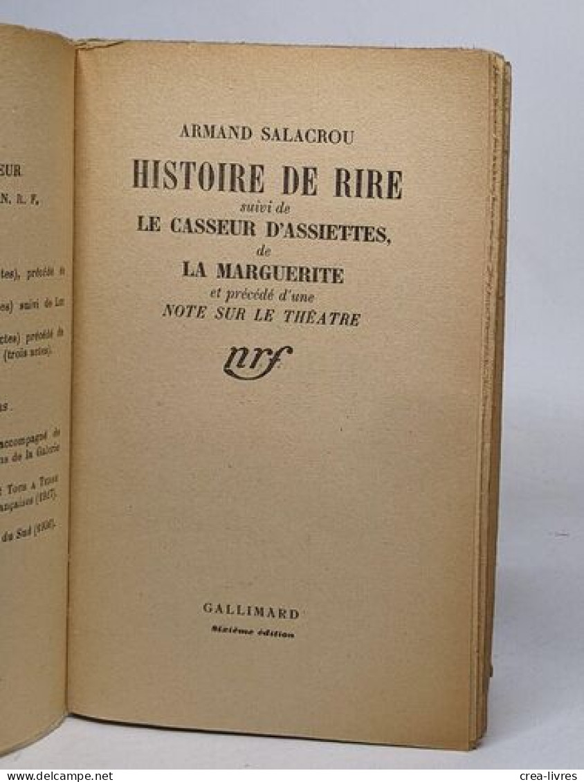 Histoire De Rire Suivi De Le Casseur D'assiettes De Marguerite Et Précé D'une Note Sur Le Théâtre - Autori Francesi