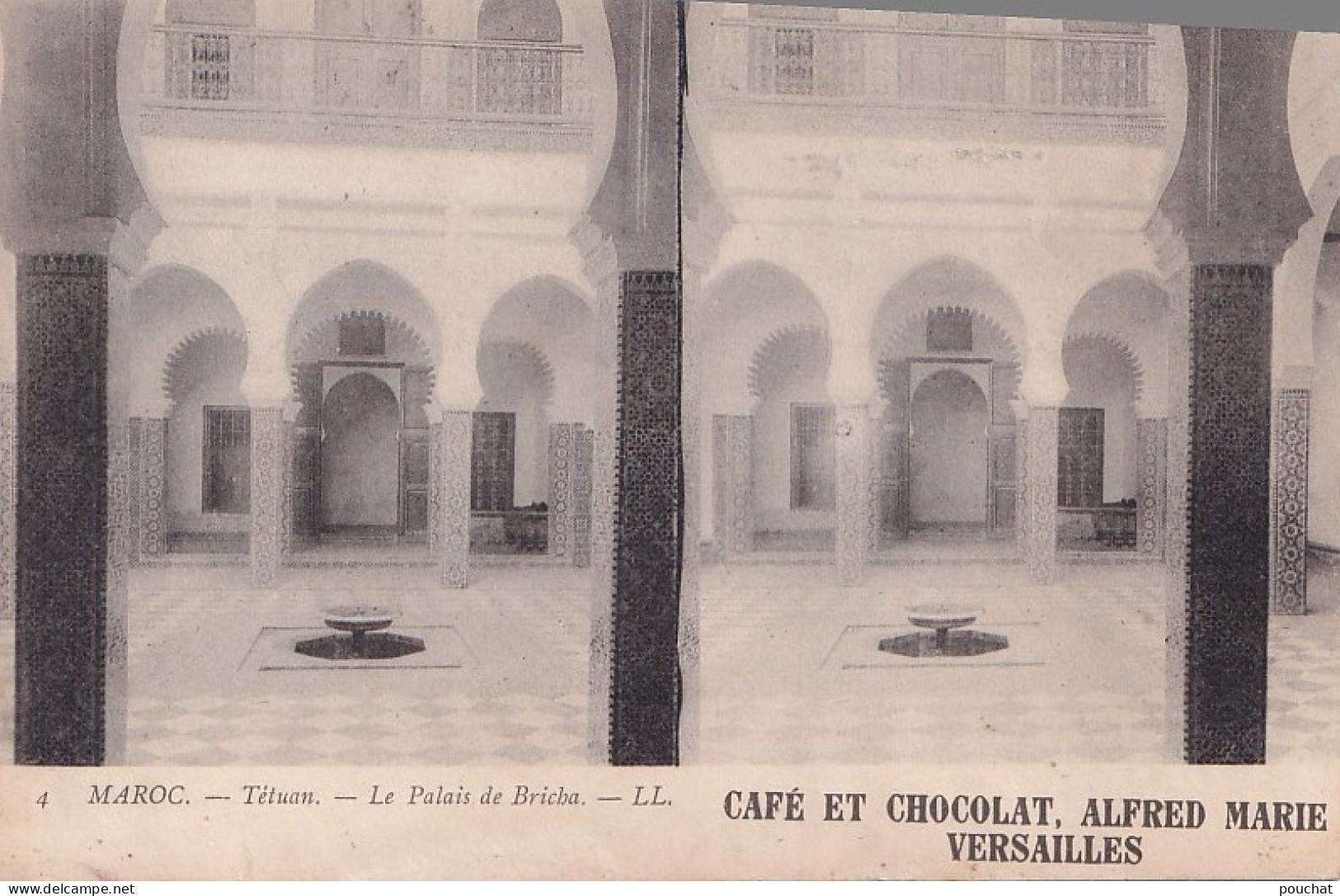 TETUAN (MAROC) LE PALAIS DE BRICHA - CARTE STEREO - PUB CAFES ET CHOCOLATS ALFRED MARIE VERSAILLES - 2 SCANS   - Tanger