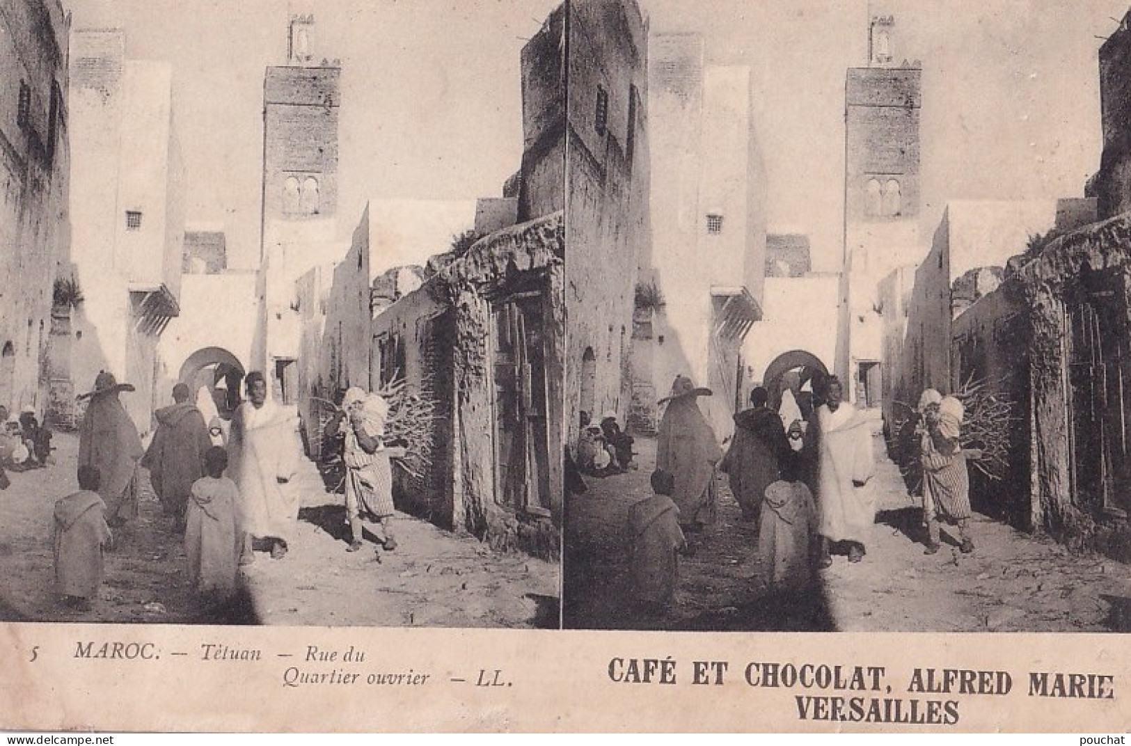 TETUAN (MAROC)  RUE DU QUARTIER OUVRIER - CARTE STEREO - PUB CAFES ET CHOCOLATS ALFRED MARIE VERSAILLES - 2 SCANS   - Tanger