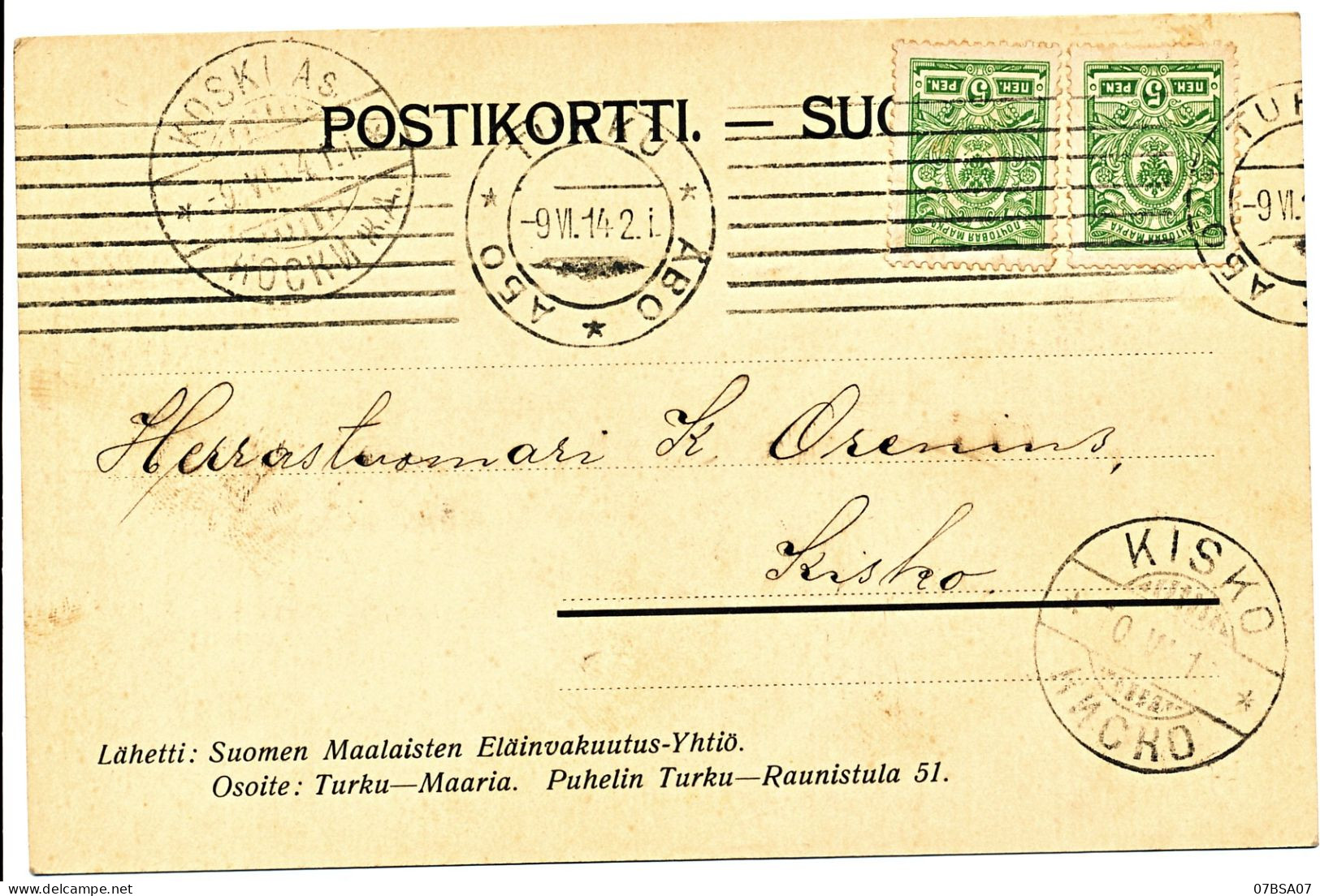 FINLANDE ADMINISTRATION RUSSE CP 1914 TURKU => KISKO       Lettre - Lettres & Documents