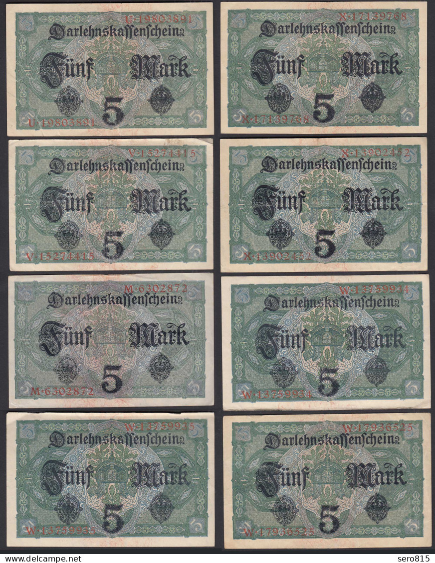  8 Stück á 5 Mark 1917 7 Mal Ro 54b + 1 Mal Ro 54a Pick 56 F-XF (2-4)    (28216 - Sonstige & Ohne Zuordnung