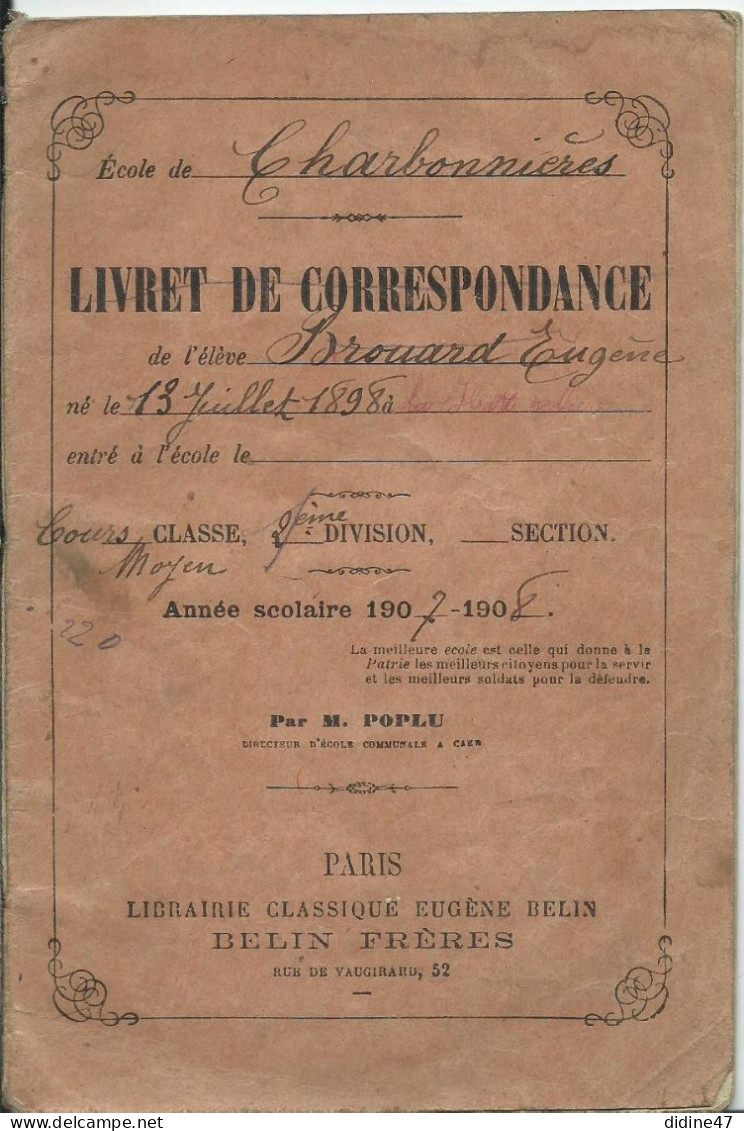 LIVRET DE CORRESPONDANCE Ecole De CHARBONNIÈRES - Diplômes & Bulletins Scolaires