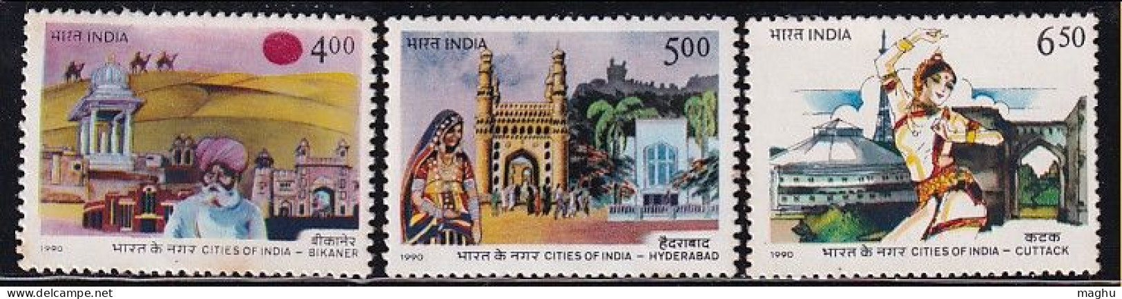 India MNH 1990, Set Of 3, Cities Of India, Bikaner, Hyderabad, Cuttack, Tourism, Camel, Sand Desert, Costume Dance, Fort - Neufs