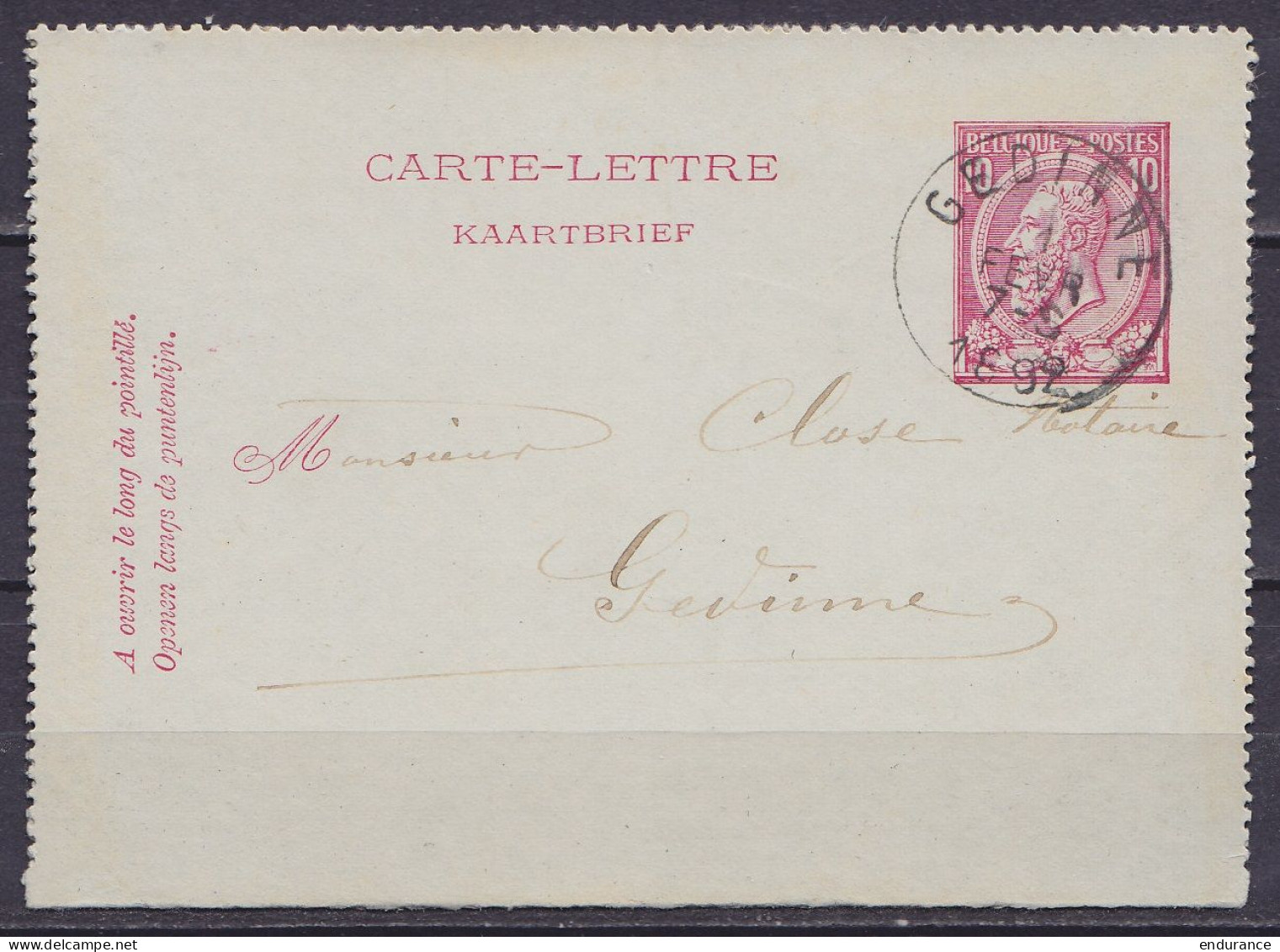 EP Carte-lettre 10c (N°46) De ORCHIMONT Càd GEDINNE /1 FEVR 1892 Pour E/V - Postbladen