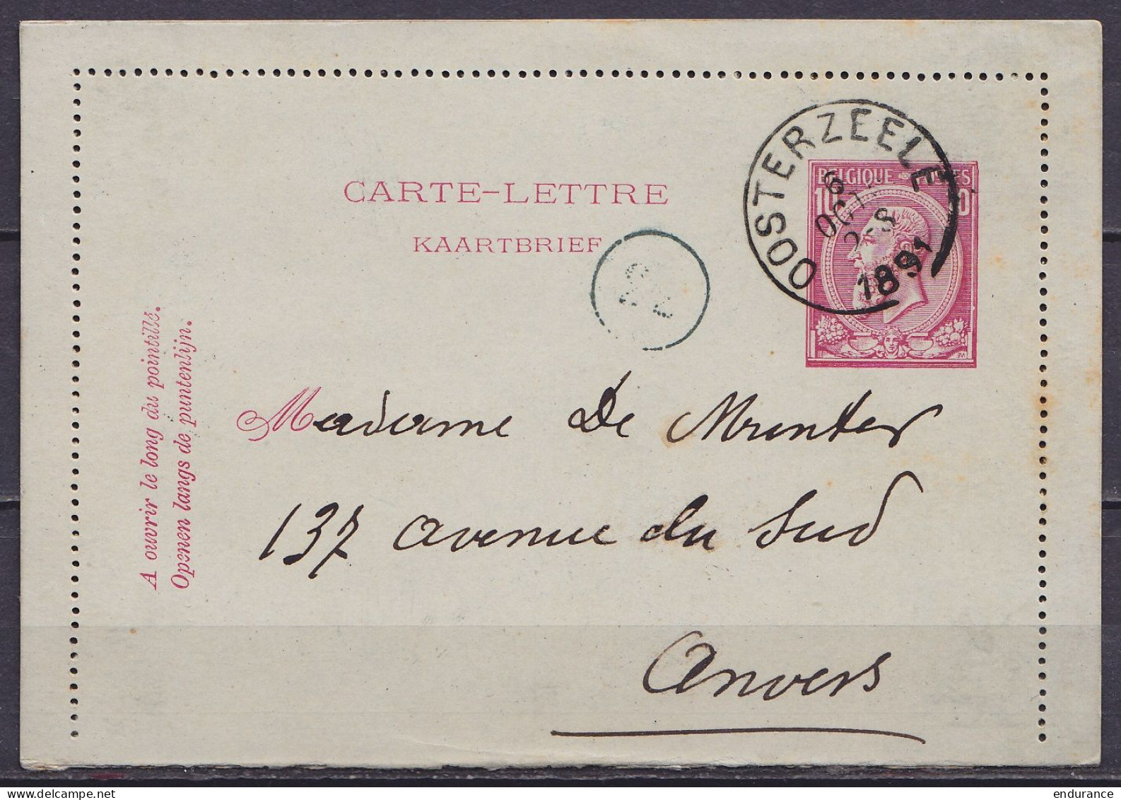 EP Carte-lettre 10c (N°46) Càd OOSTERZELE /6 OCT 1891 Pour ANVERS (au Dos: Càd Arrivée ANVERS) - Postbladen