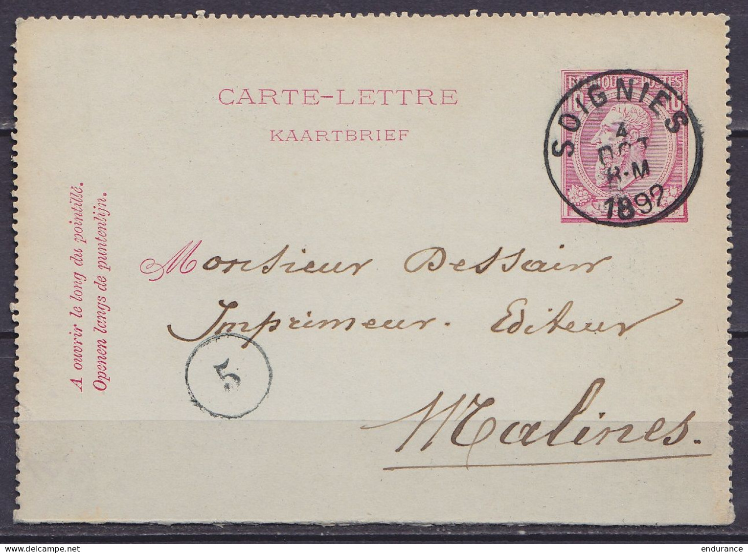 EP Carte-lettre 10c (N°46) Càd SOIGNIES /4 OCT 1892 Pour MALINES (au Dos: Càd Arrivée MALINES (STATION)) - Kartenbriefe