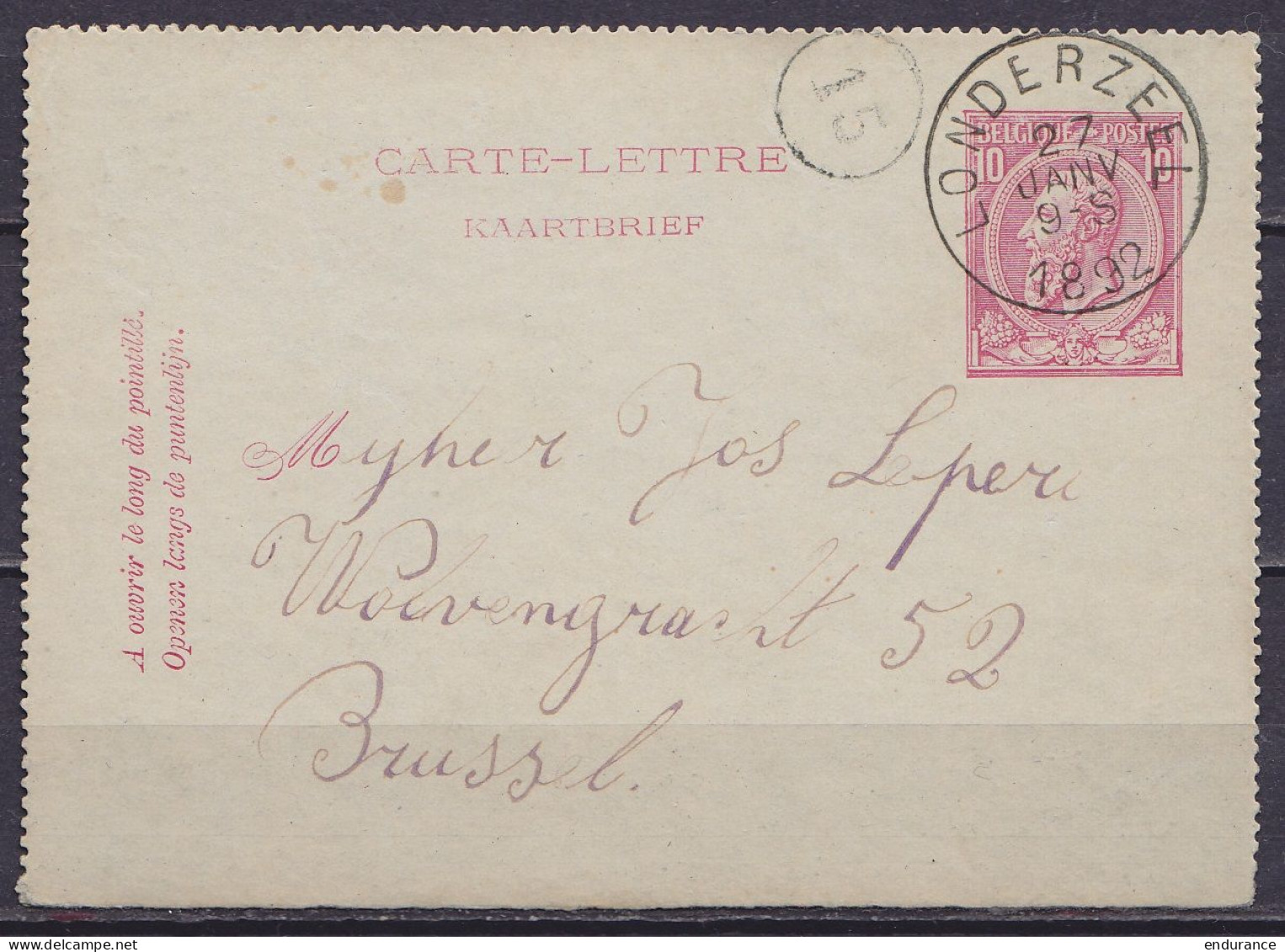 EP Carte-lettre 10c (N°46) Càd LONDERZEEL /27 JANV 1892 Pour BRUSSEL (au Dos: Càd Arrivée BRUXELLES 1) - Cartes-lettres