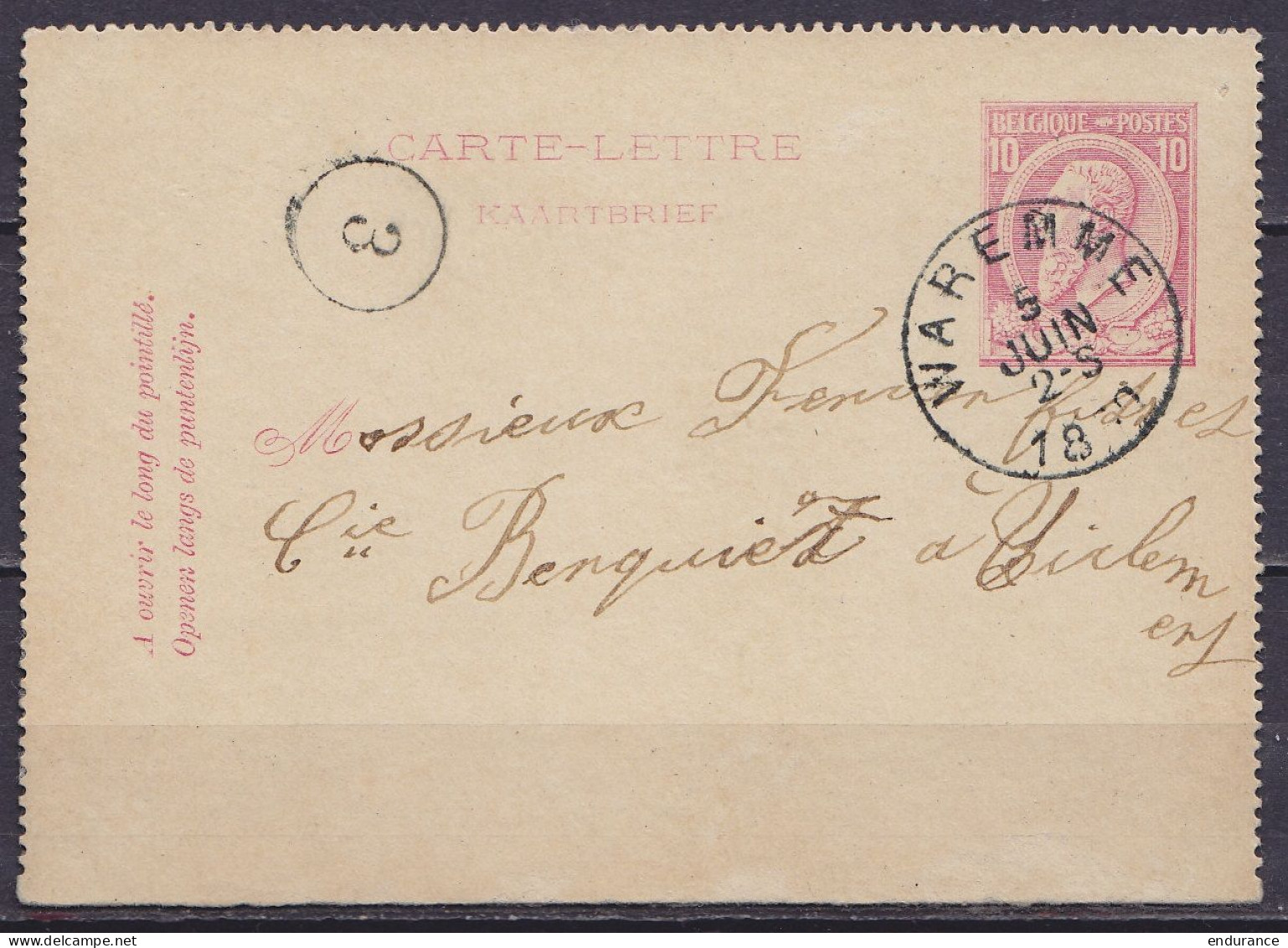 EP Carte-lettre 10c (N°46) Càd WAREMME /5 JUIN 1890 Pour ZICHEM (au Dos: Càd Arrivée TIRLEMONT) - Cartas-Letras