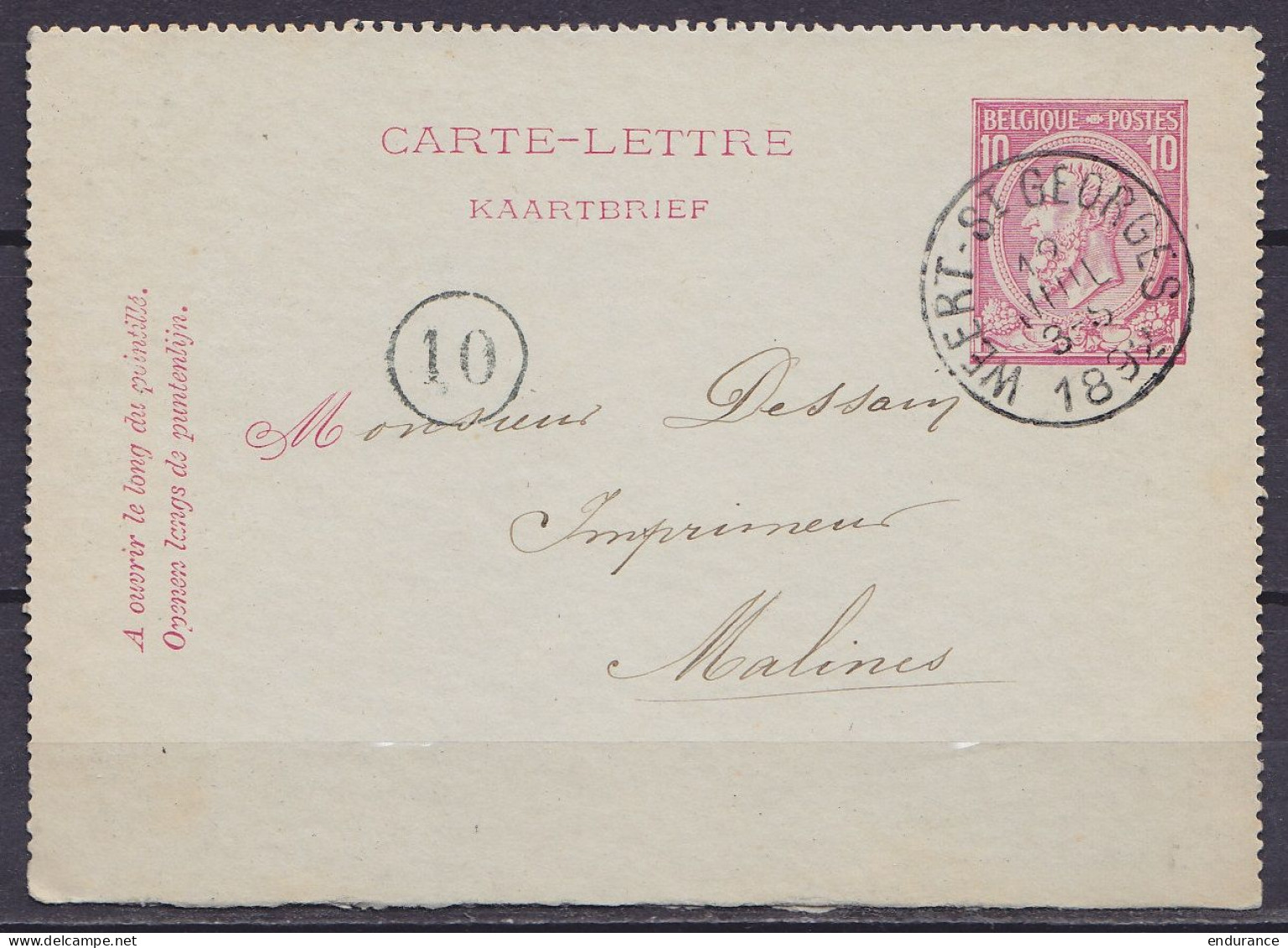 EP Carte-lettre 10c (N°46) Càd WEERT-ST-GEORGES /19 JUIL 1892 Pour MALINES (au Dos: Càd Arrivée MALINES (STATION)) - Postbladen