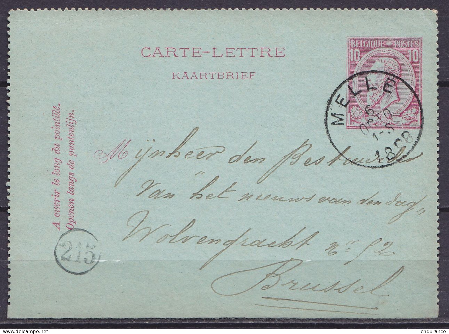 EP Carte-lettre 10c (N°46) Càd MELLE /6 OCT 1888 Pour BRUSSEL (au Dos: Càd Arrivée BRUXELLES 1) - Carte-Lettere