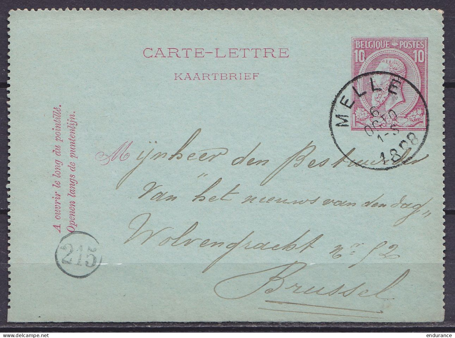EP Carte-lettre 10c (N°46) Càd MELLE /6 OCT 1888 Pour BRUSSEL (au Dos: Càd Arrivée BRUXELLES 1) - Cartas-Letras