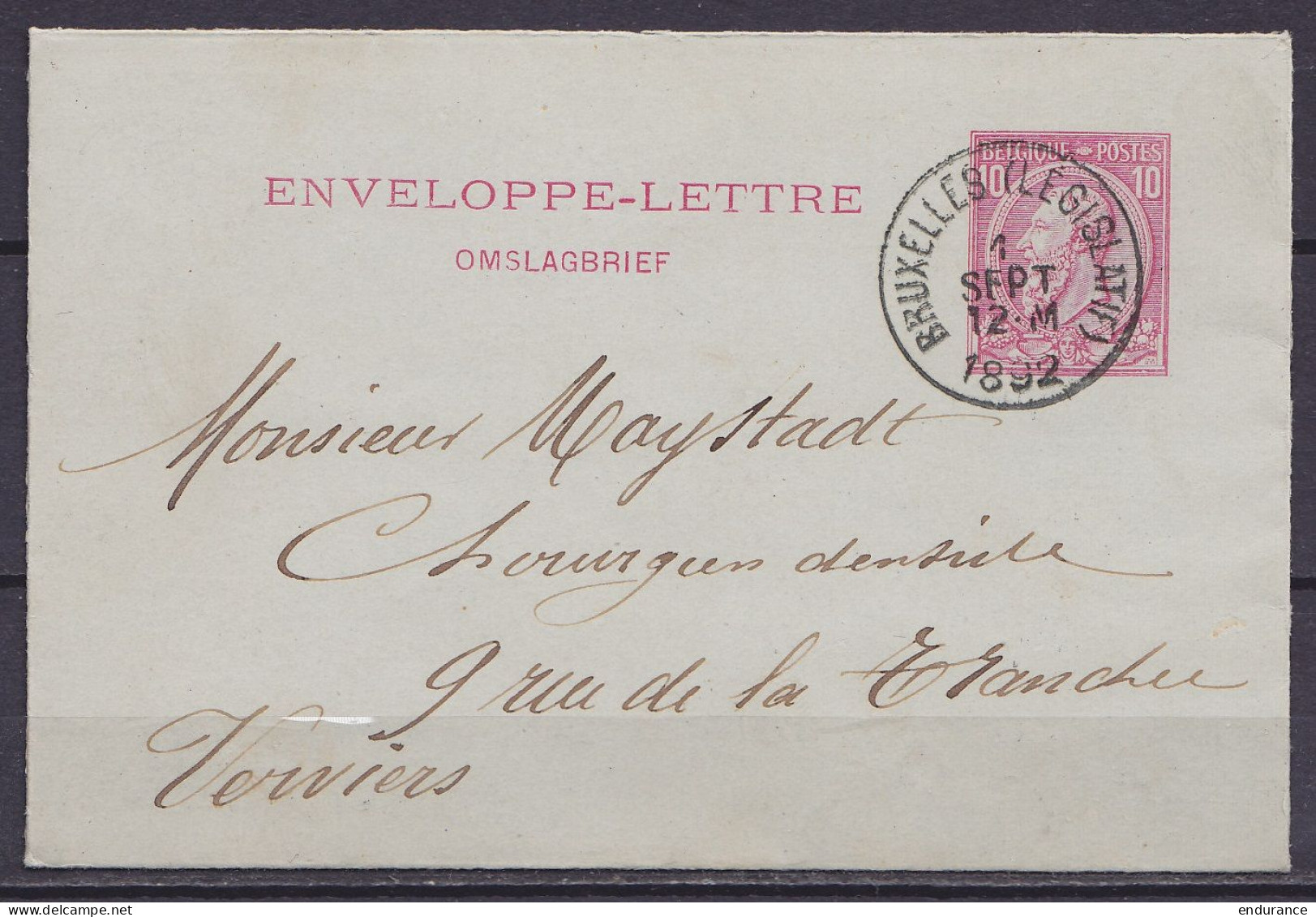 EP Enveloppe-lettre 10c (N°46) Càd BRUXELLES (LEGISLATIF) /1 SEPT 1892 Pour VERVIERS (au Dos: Càd Arrivée VERVIERS (STAT - Sobres-cartas