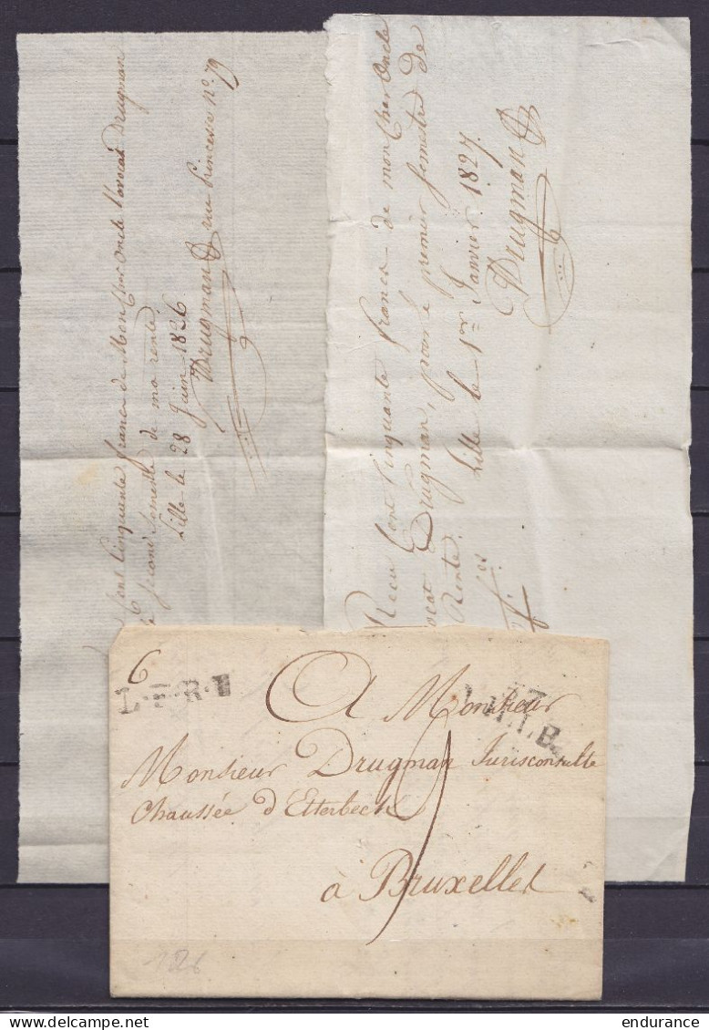 L. Datée 28 Décembre 1826 De LILLE Pour BRUXELLES - Griffe "57 / LILLE" + "L.F.R.1" - Port "9" + 2 Reçus - 1815-1830 (Periodo Holandes)